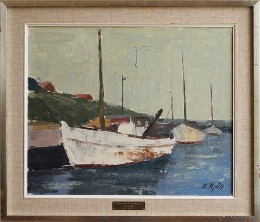Mid Century Original Harbor Scene Oil Painting From Sweden