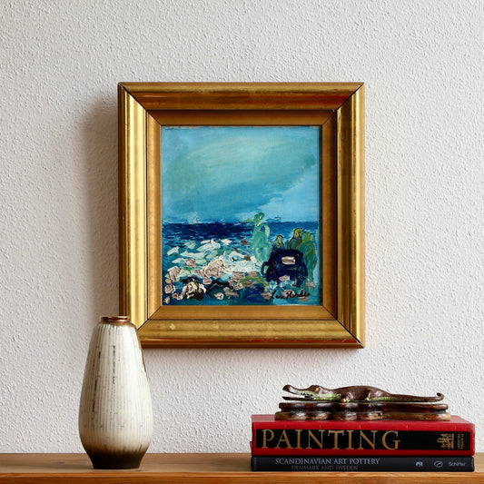 Vintage Mid Century Coastal Oil Painting From Sweden by L Herder