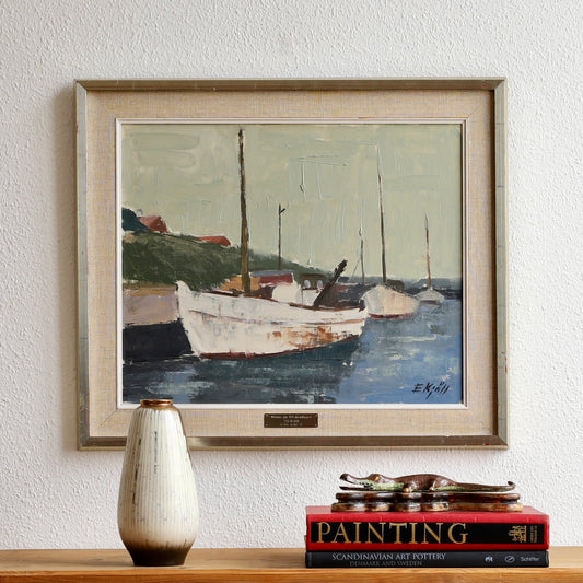 Mid Century Original Harbor Scene Oil Painting From Sweden