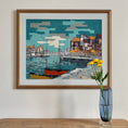 Load image into Gallery viewer, Colorful Original Mid Century Harbor Oil Painting from Sweden 1965