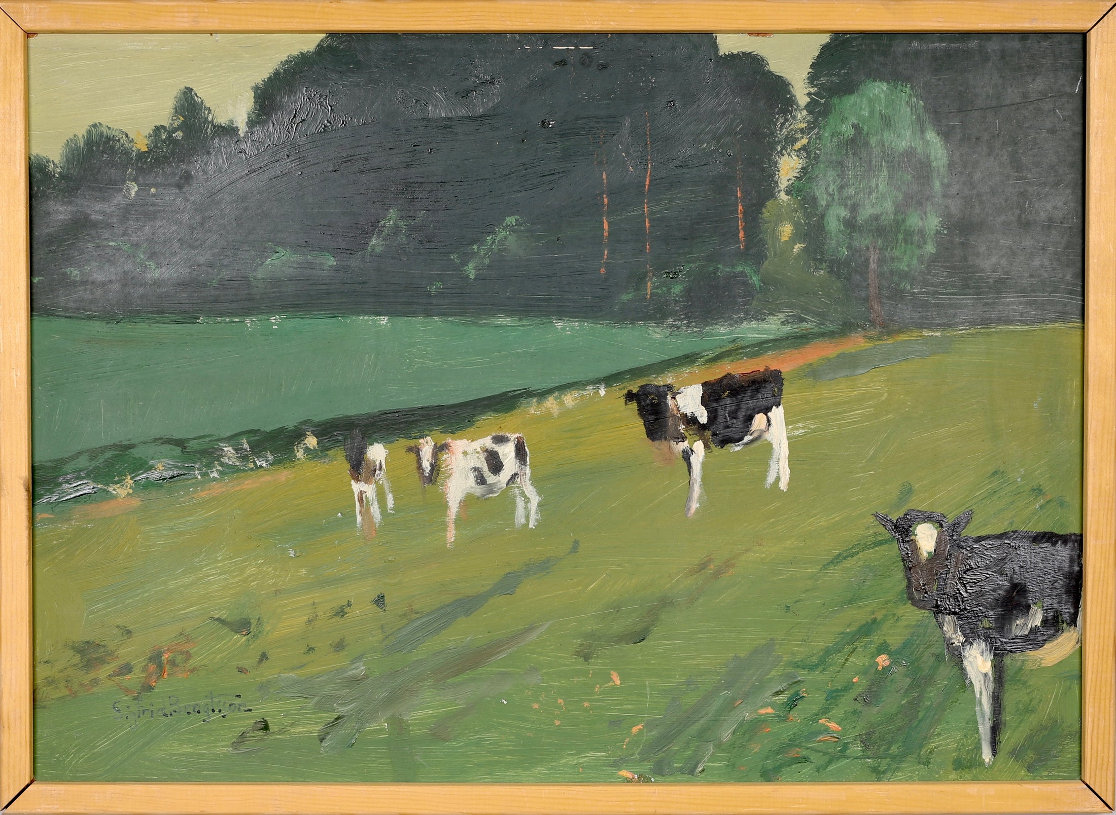 Mid Century Oil Painting Calves from Sweden