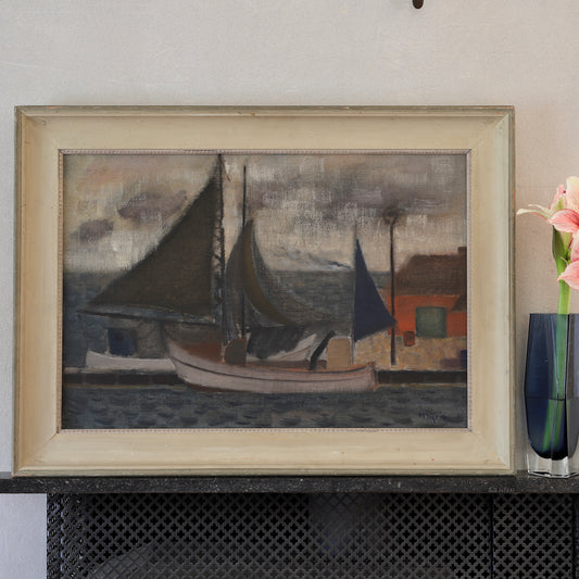 Vintage Mid Century Oil Painting of Boats From Sweden by Leonard Digris