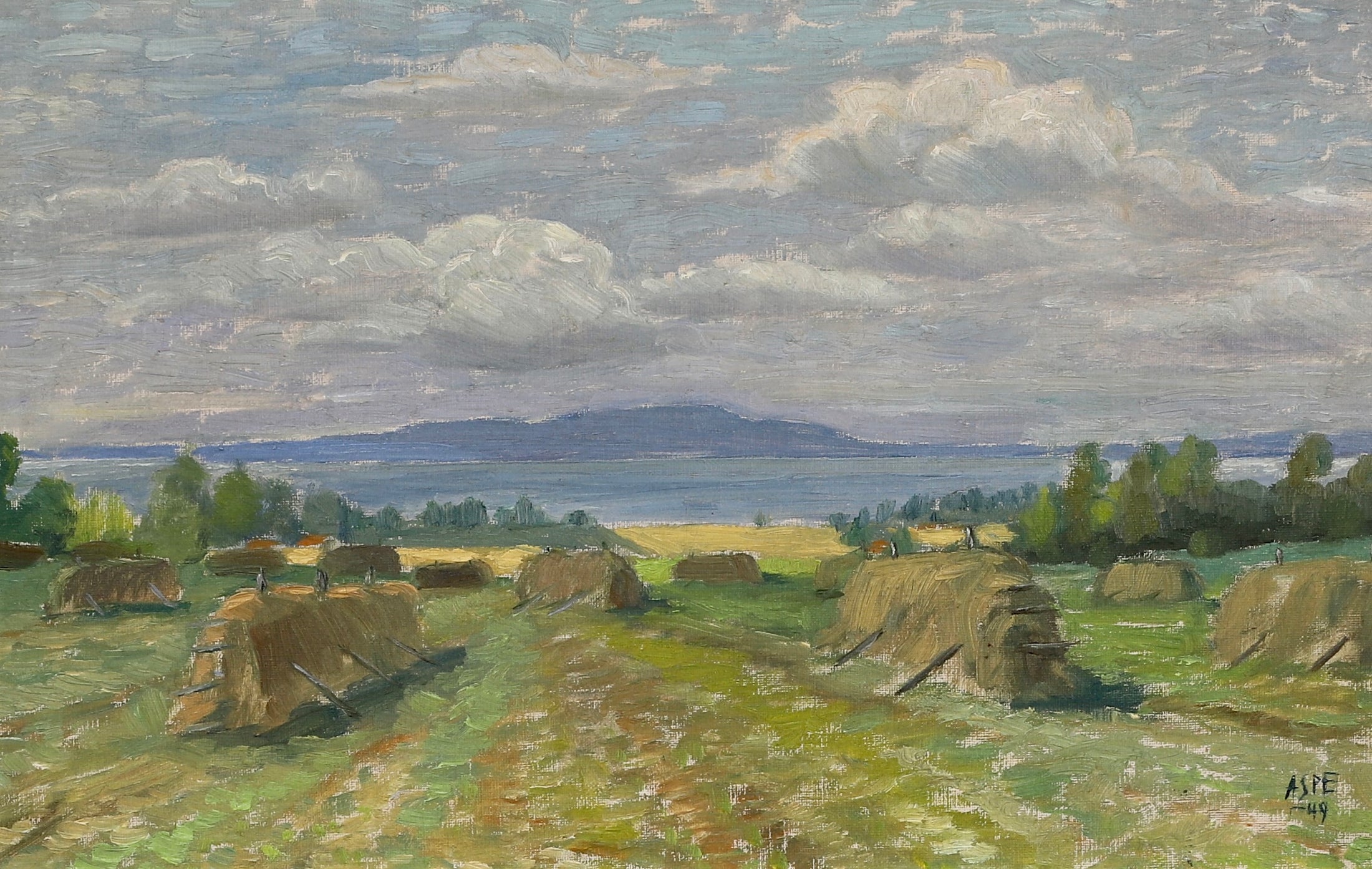 Mid Century Haystack Oil Painting From Sweden 1949