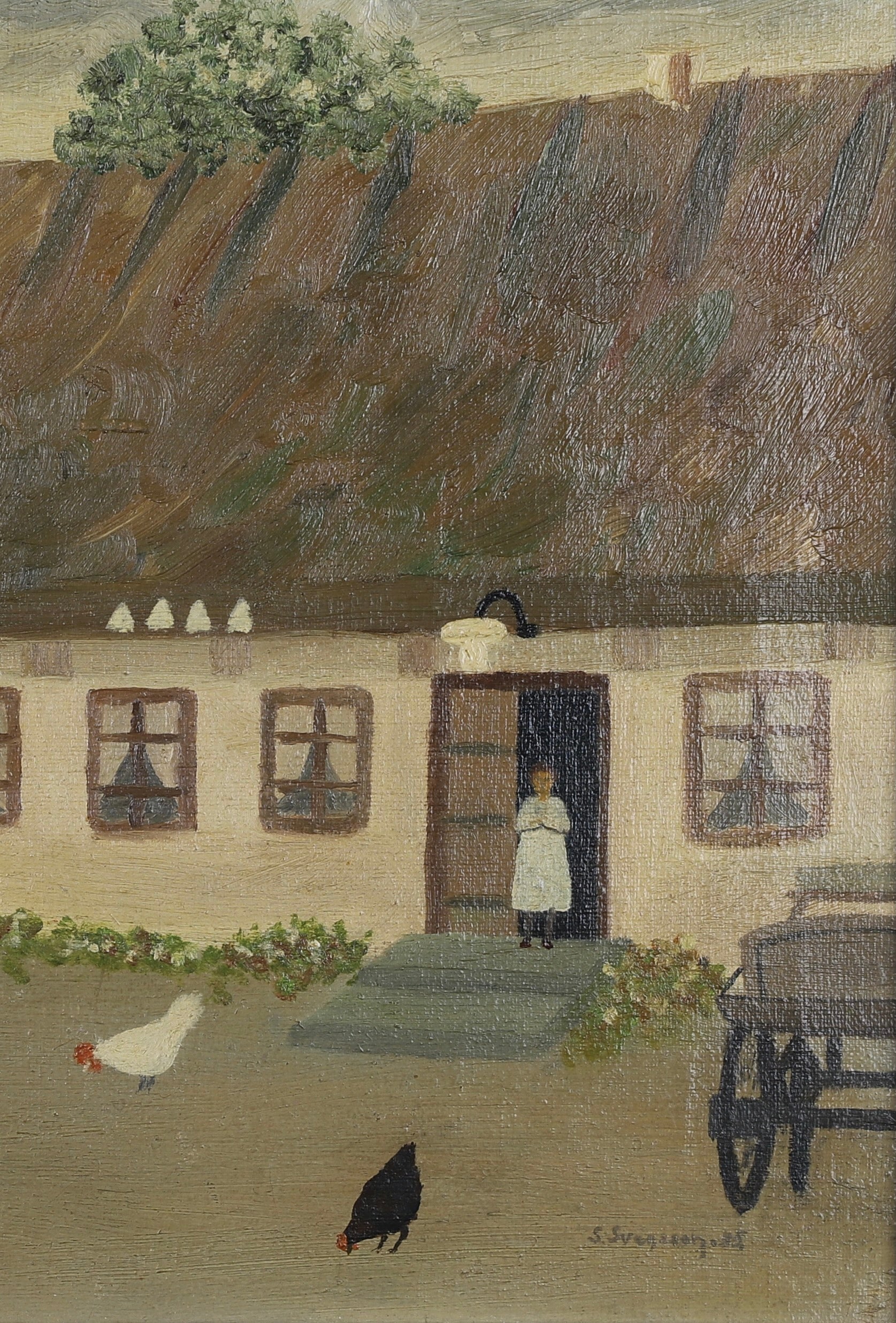 Mid Century Chicken Oil Painting From Sweden 1935