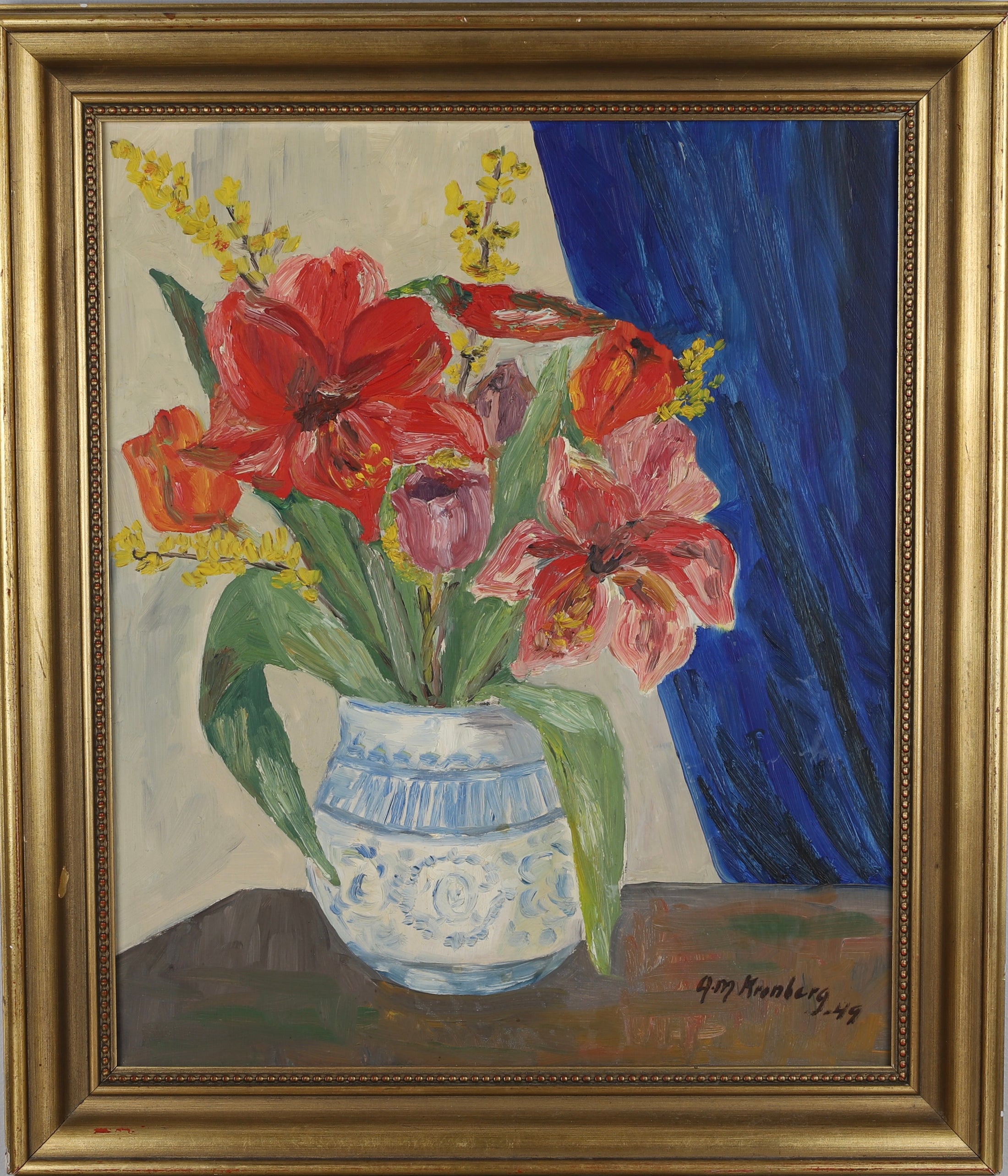 Mid Century Original Still Life Oil Painting Dated 1949 From Sweden