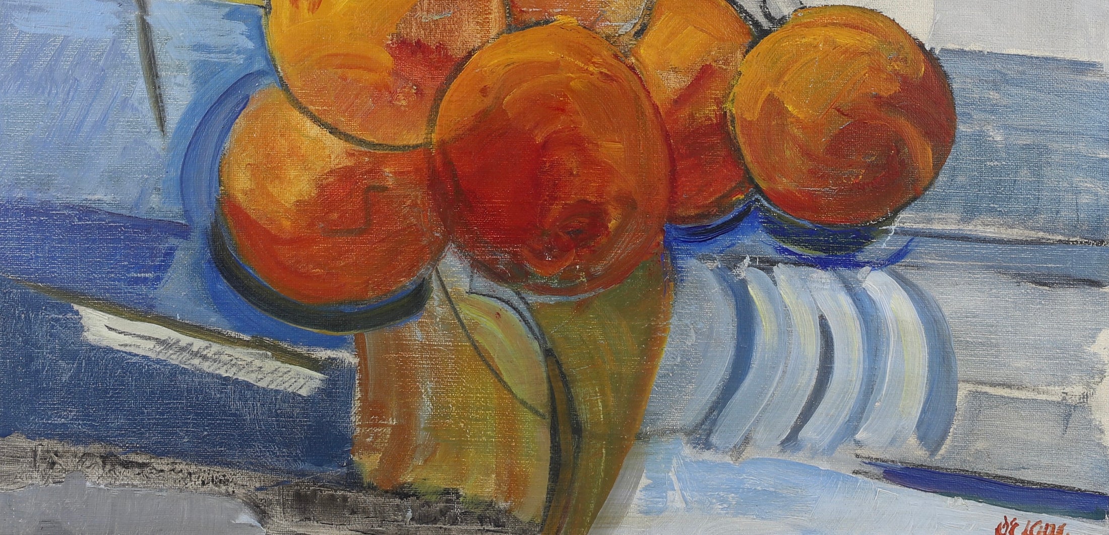 Mid Century Vintage Art Room Oil Painting By Stig Delang Sweden