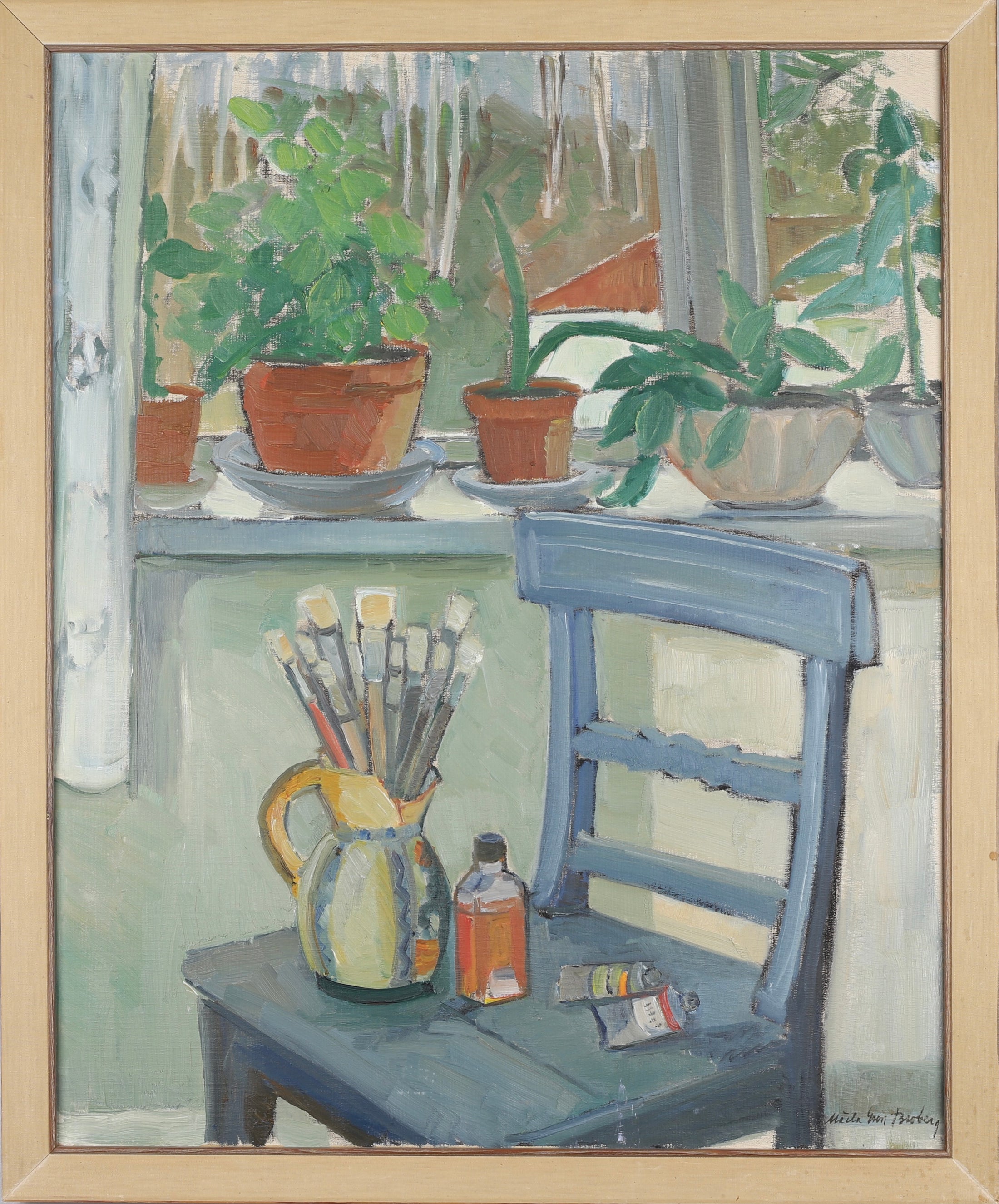 Mid Century Artist Studio Interior Oil Painting From Sweden