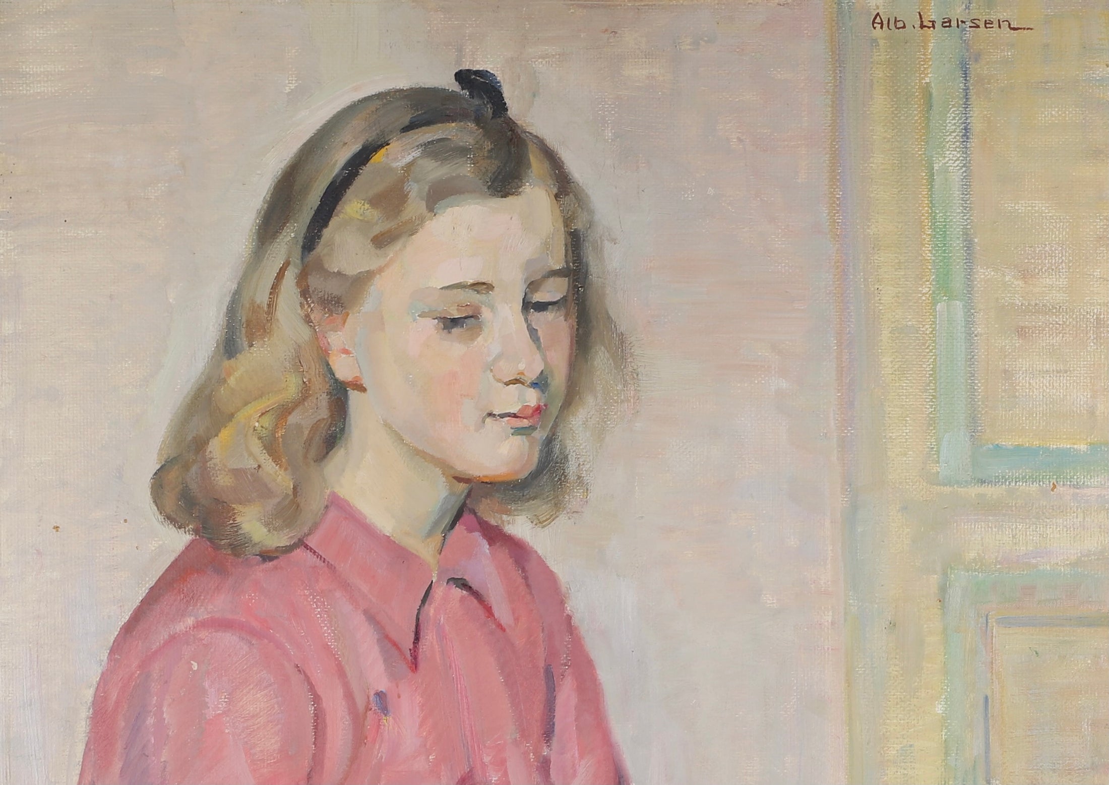 Mid Century Original Portrait Oil Painting by A Larsen