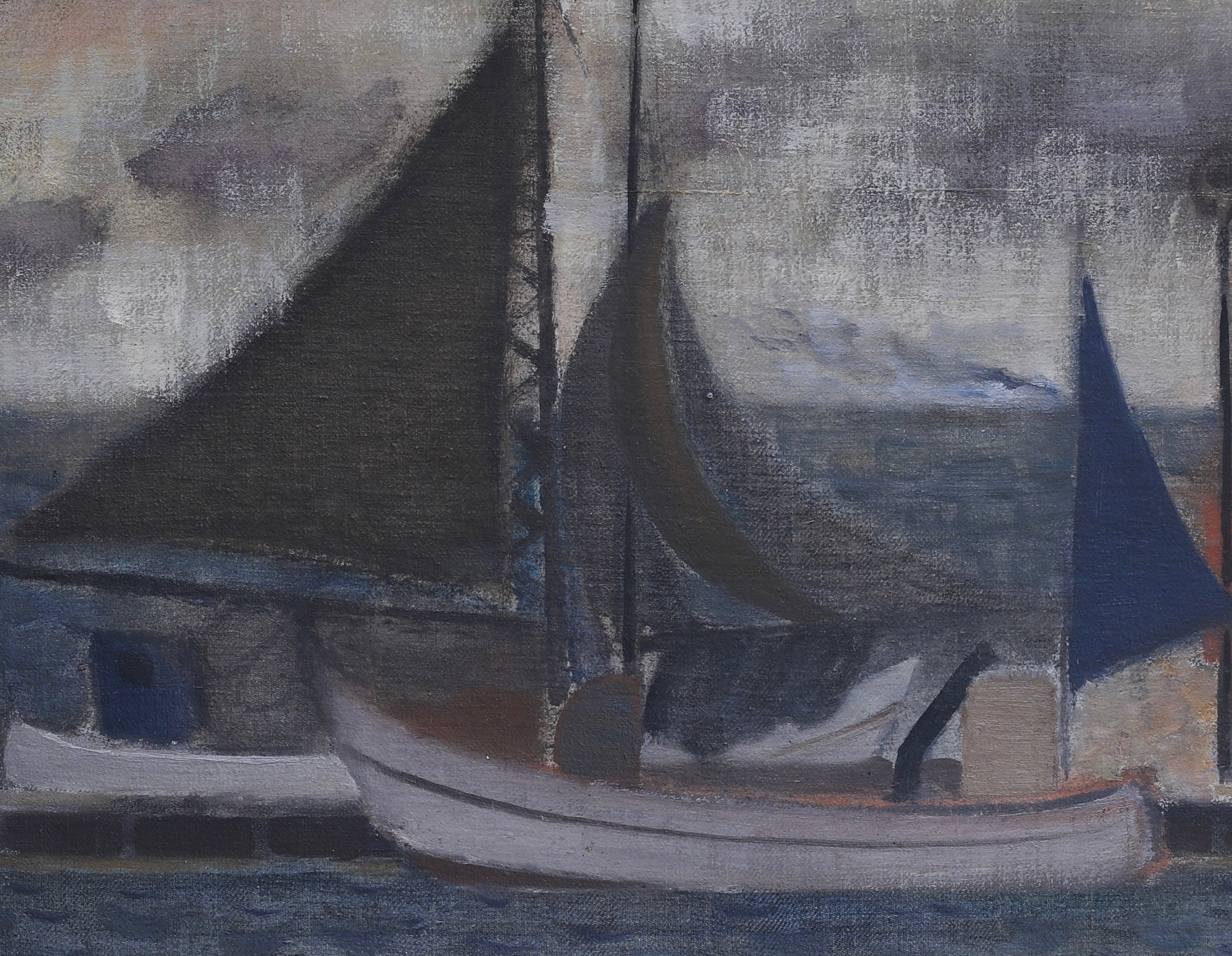 Vintage Mid Century Oil Painting of Boats From Sweden by Leonard Digris