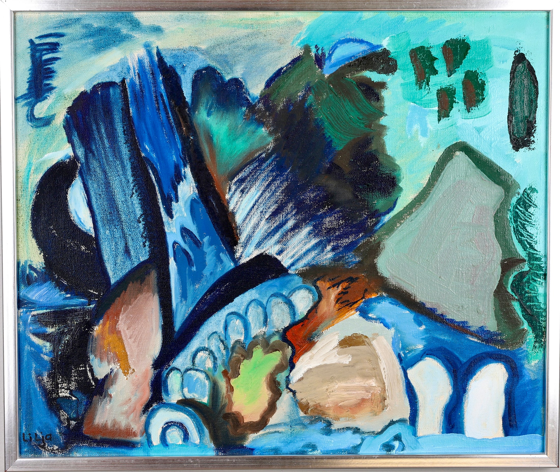 Mid Century Abstract Oil Painting By L Lilja Sweden