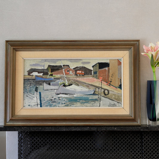 Vintage Oil Painting of Harbor From Sweden by John Bören