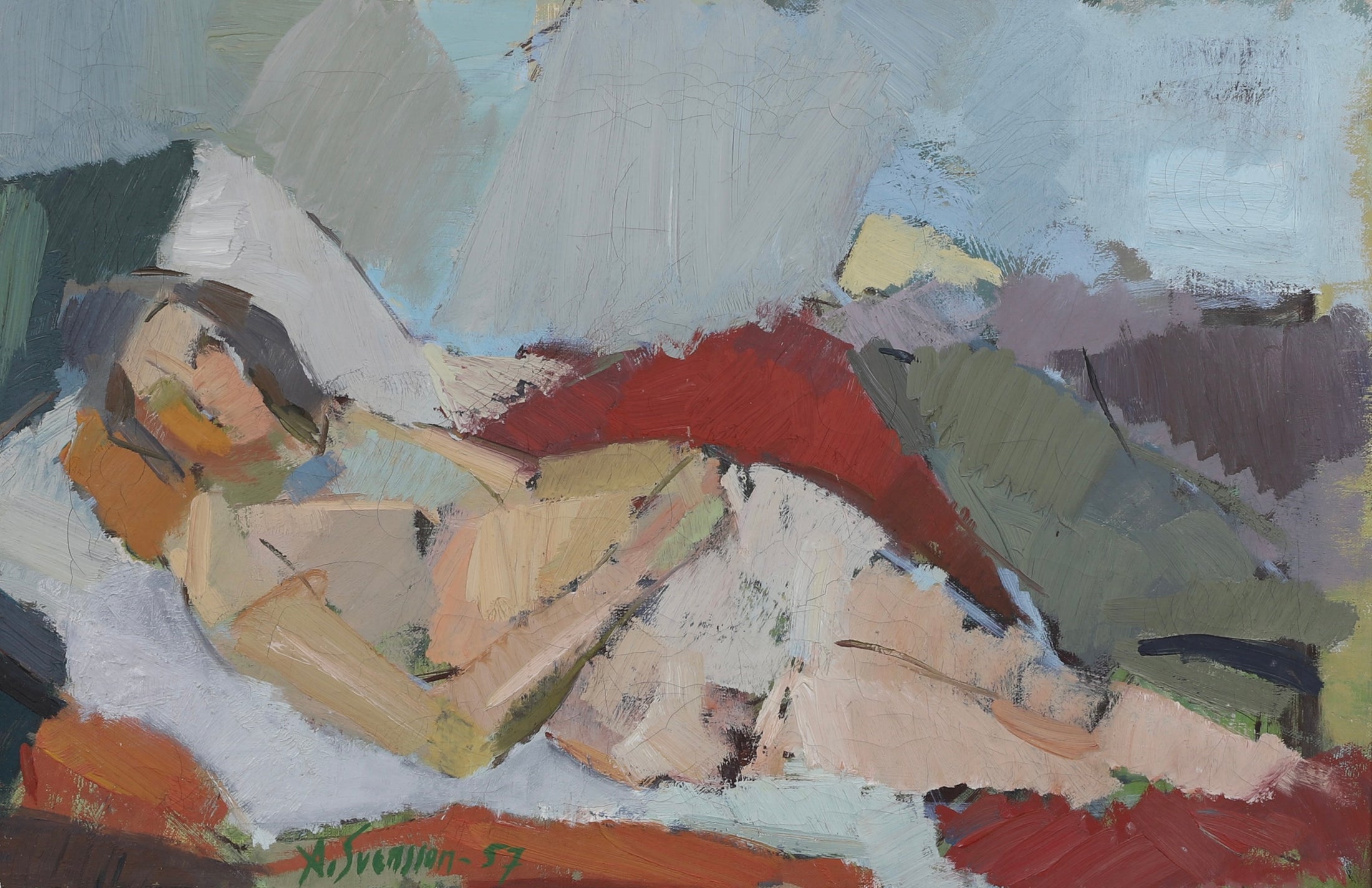 Original Mid Century Figure Oil Painting From Sweden by a Svensson 1957