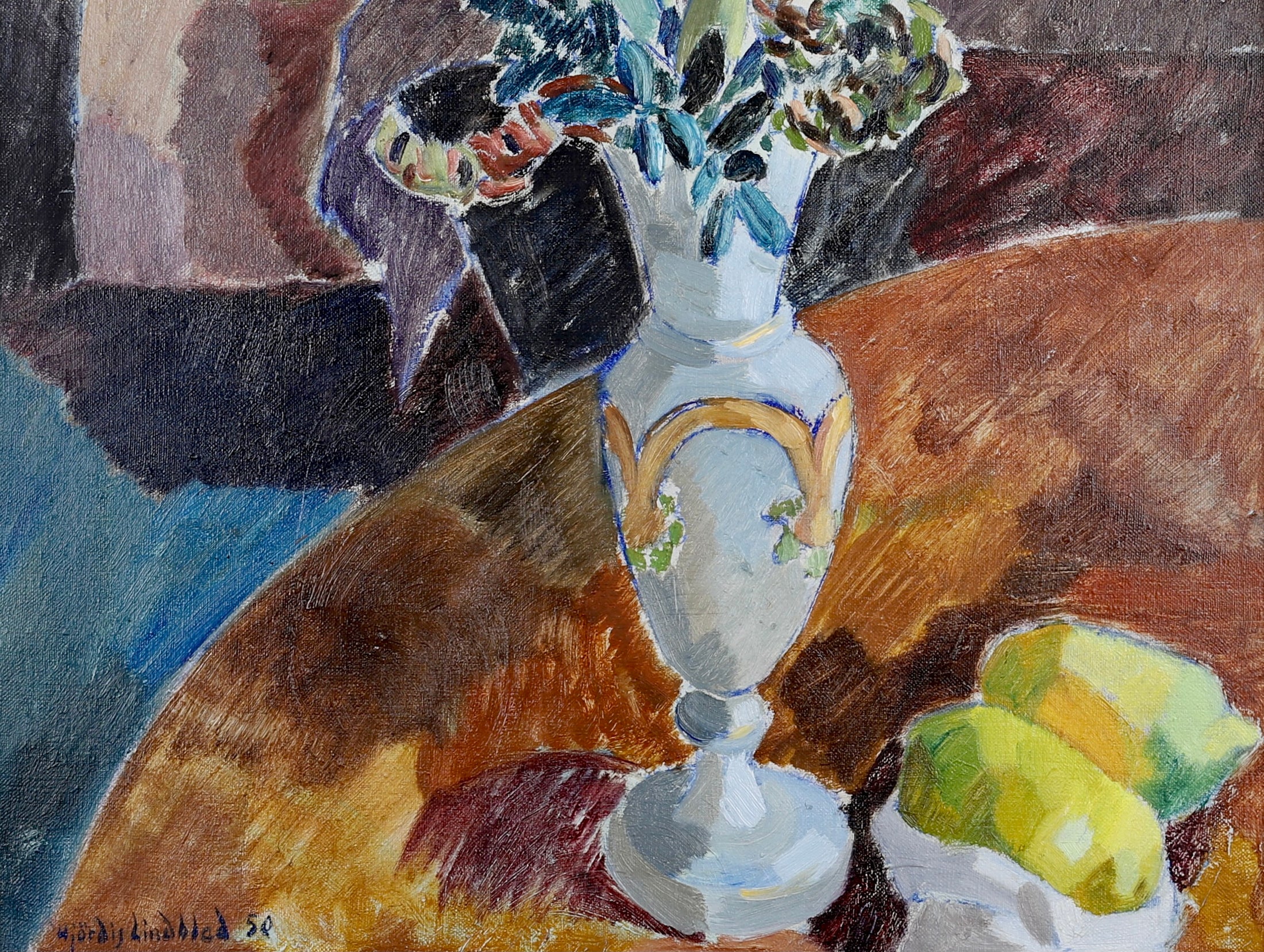 Mid Century Original Still Life Oil Painting By H Lindblad From Sweden 1950