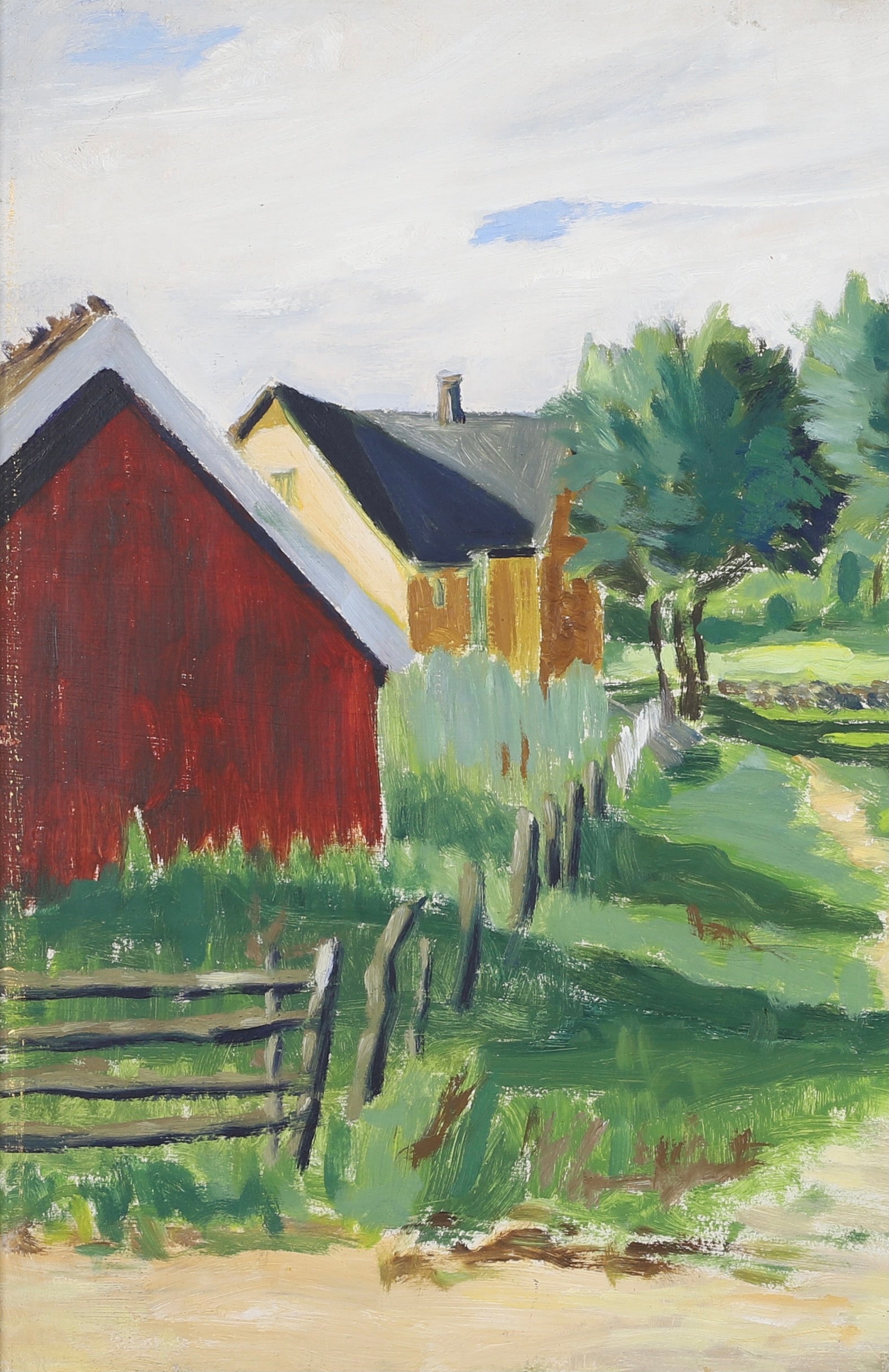 Mid Century Original Country Village Oil Painting From Sweden