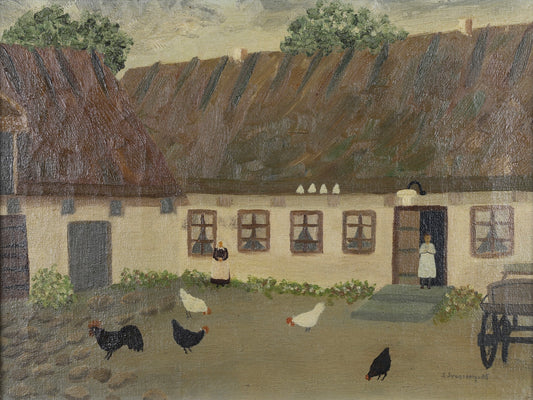 Mid Century Chicken Oil Painting From Sweden 1935