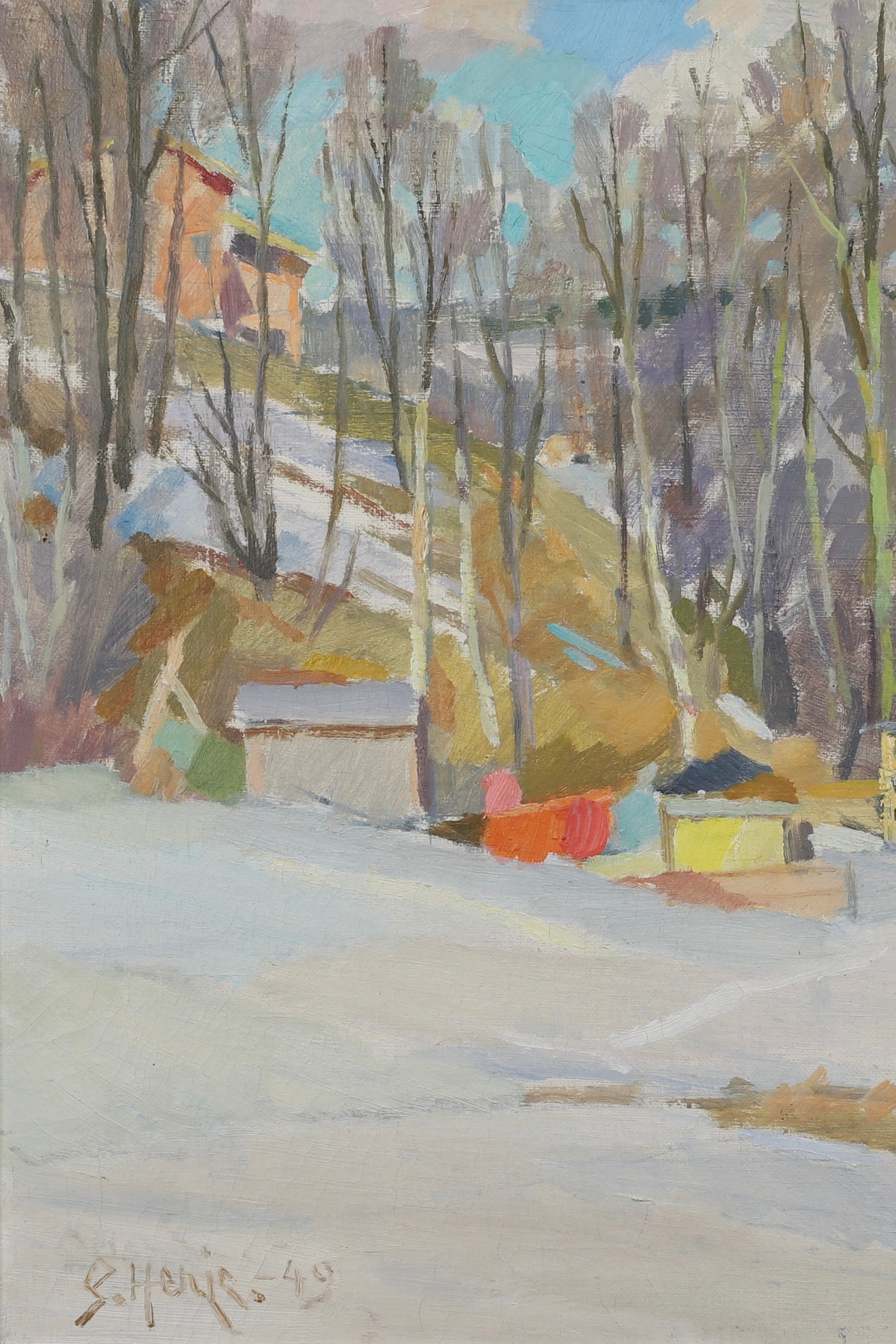 Mid Century Winterscape Oil Painting By Henje Sweden