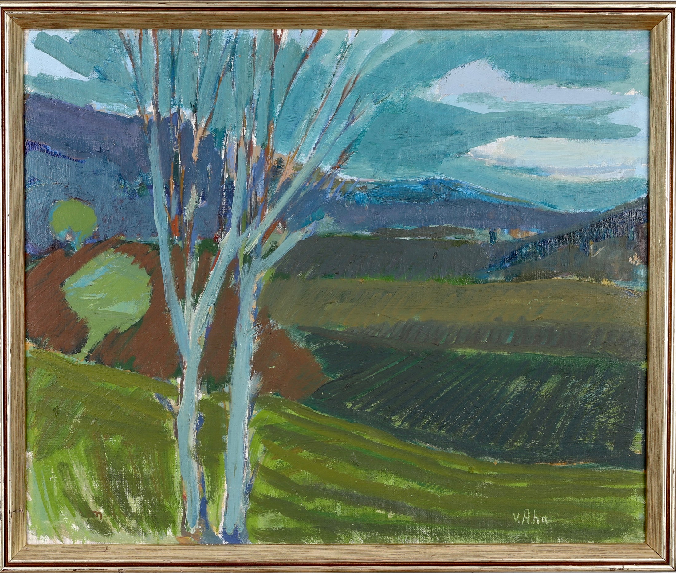 Framed Mid Century Oil Painting by V Ahn Sweden