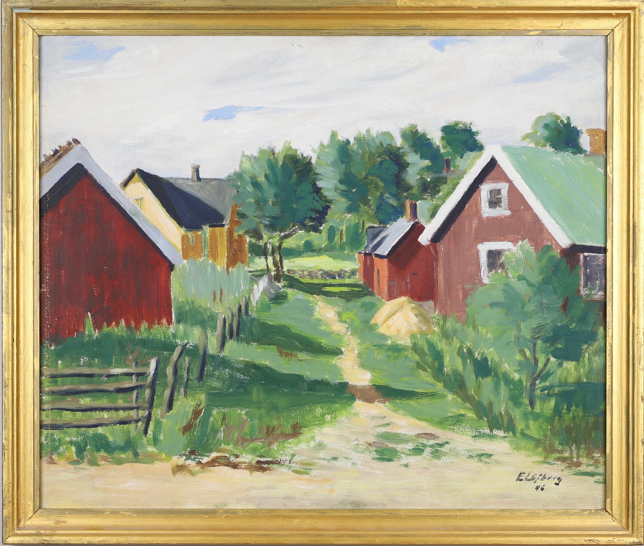 Mid Century Original Country Village Oil Painting From Sweden