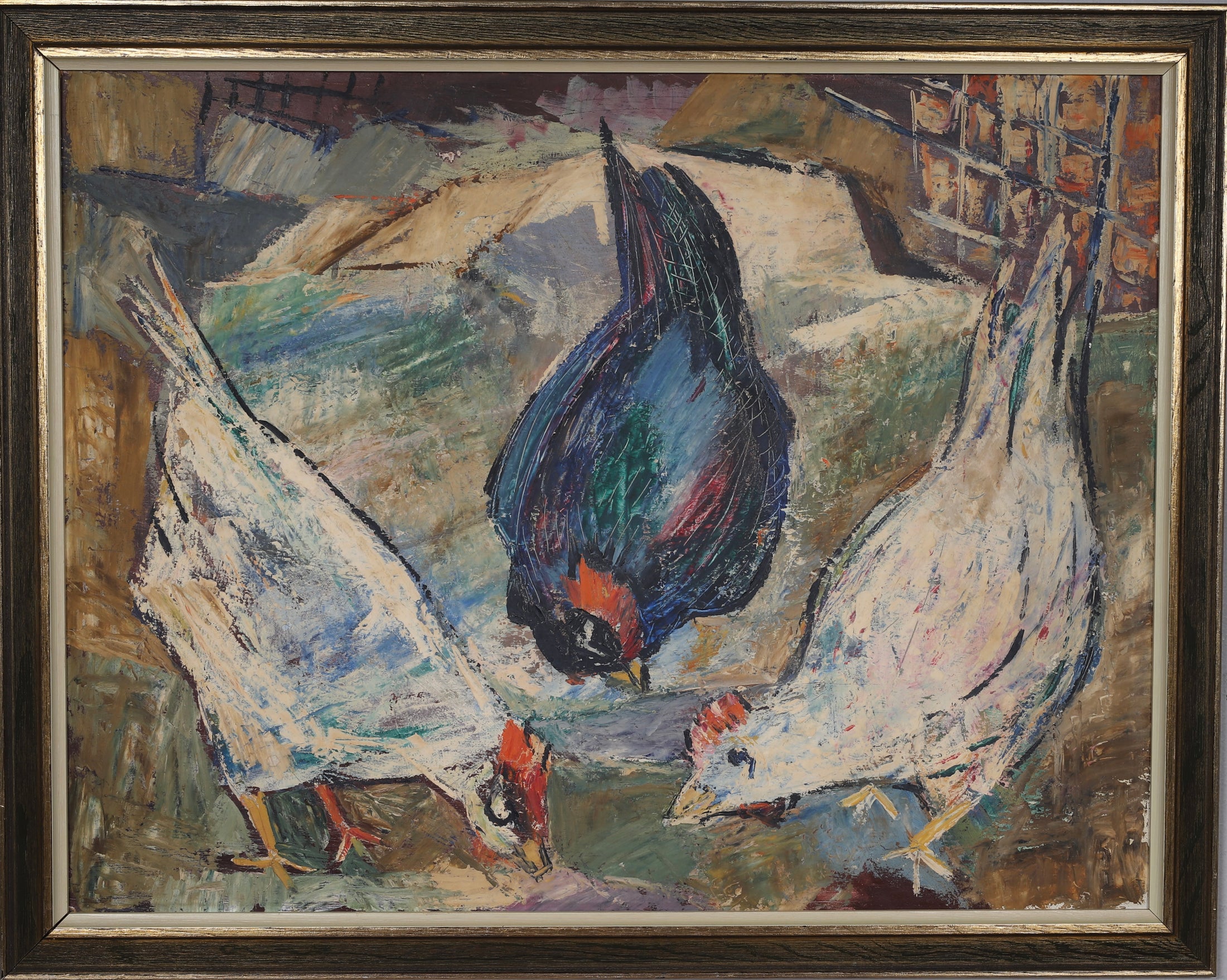 Mid Century Chicken Oil Painting From Sweden