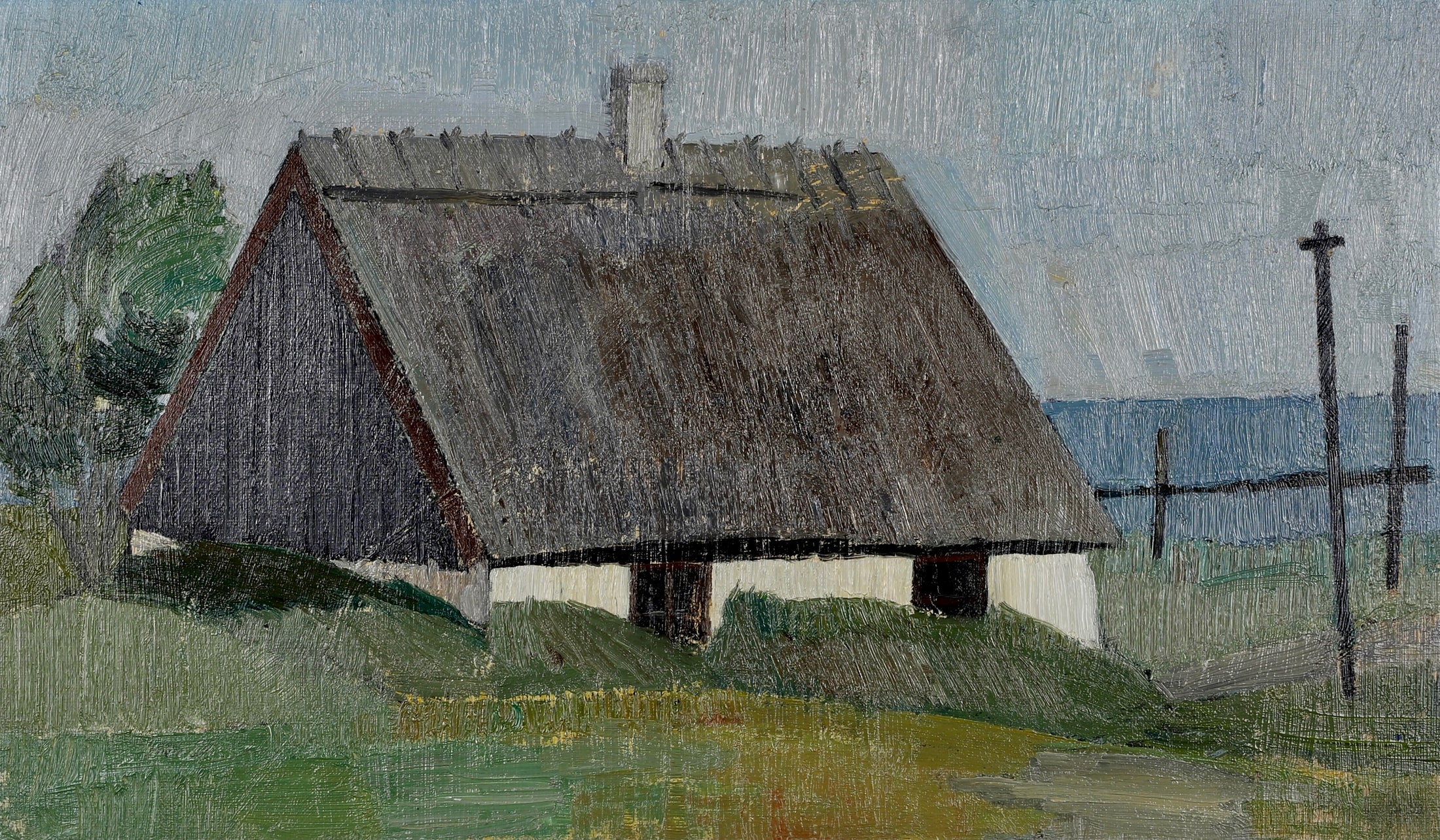 Vintage Mid Century Coastal Oil Painting of Seaside House From Sweden
