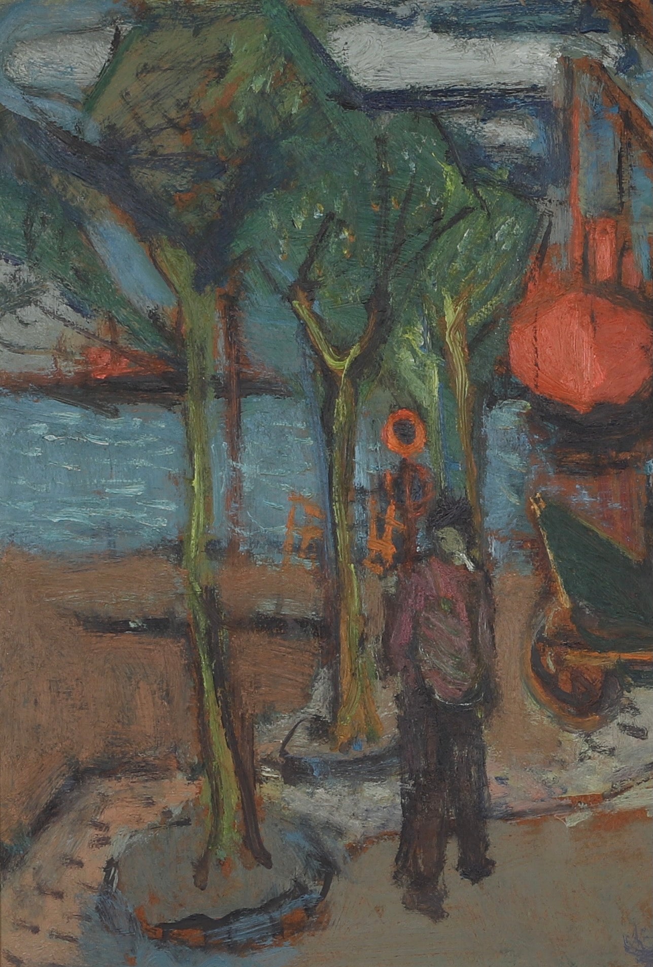 Mid Century Harbor Oil Painting from Sweden By J Bören