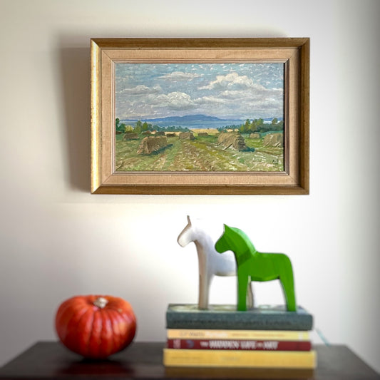 Mid Century Haystack Oil Painting From Sweden 1949