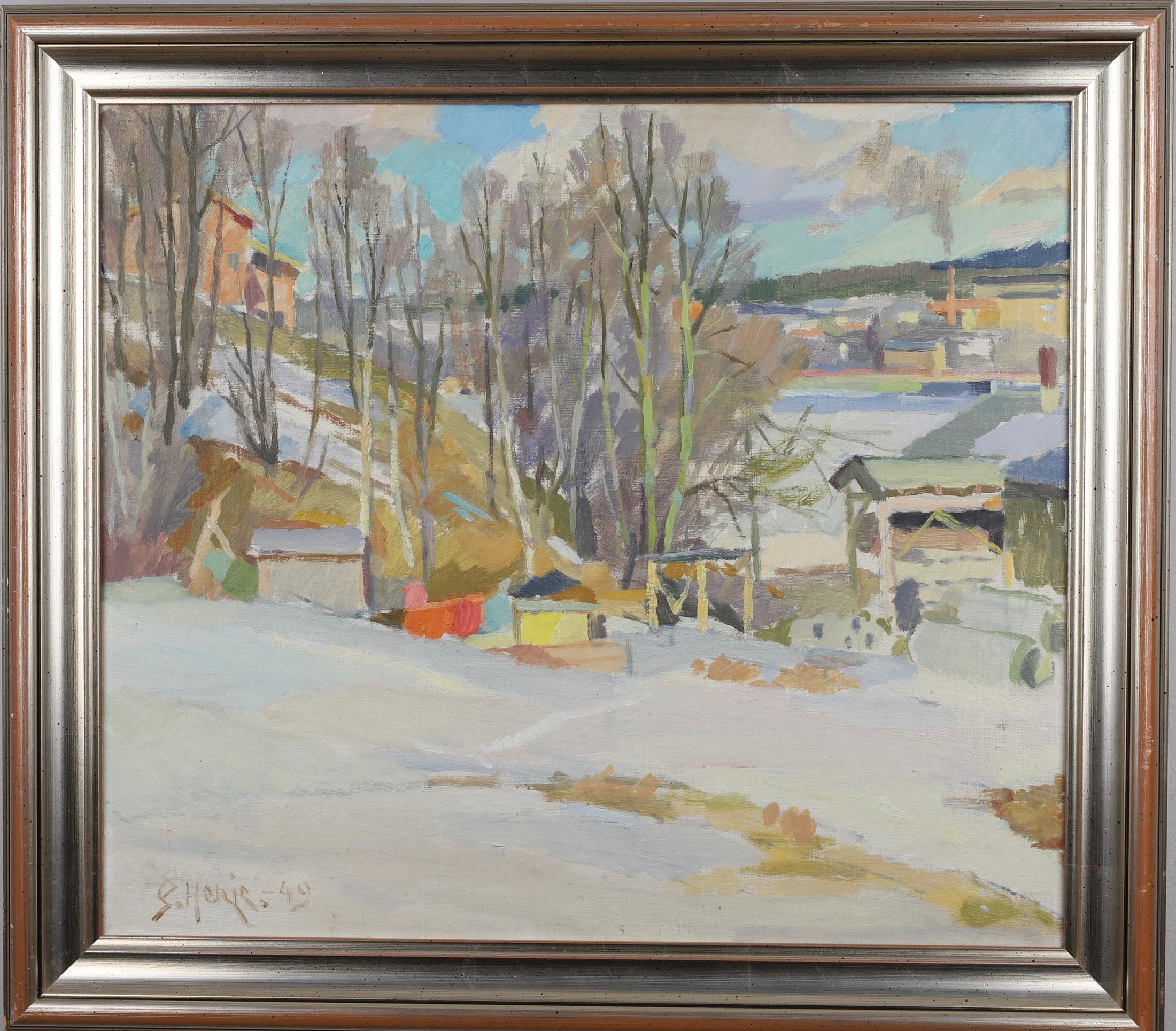 Mid Century Winterscape Oil Painting By Henje Sweden