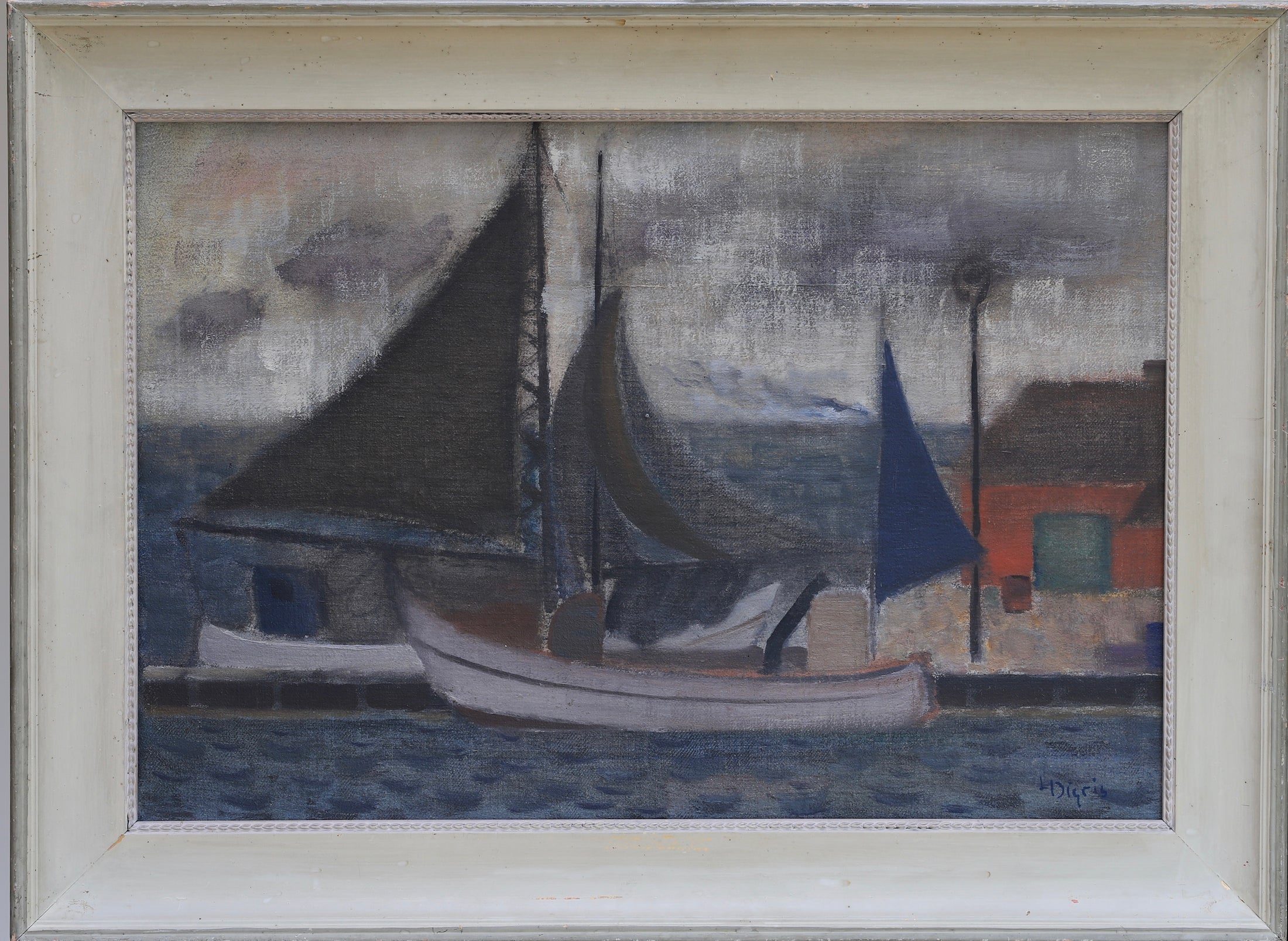 Vintage Mid Century Oil Painting of Boats From Sweden by Leonard Digris
