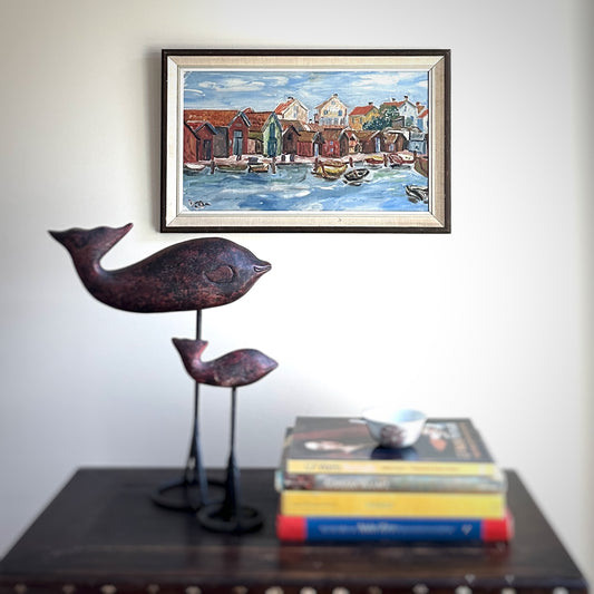Mid Century Harbor Scene Original Vintage Oil Painting from Sweden