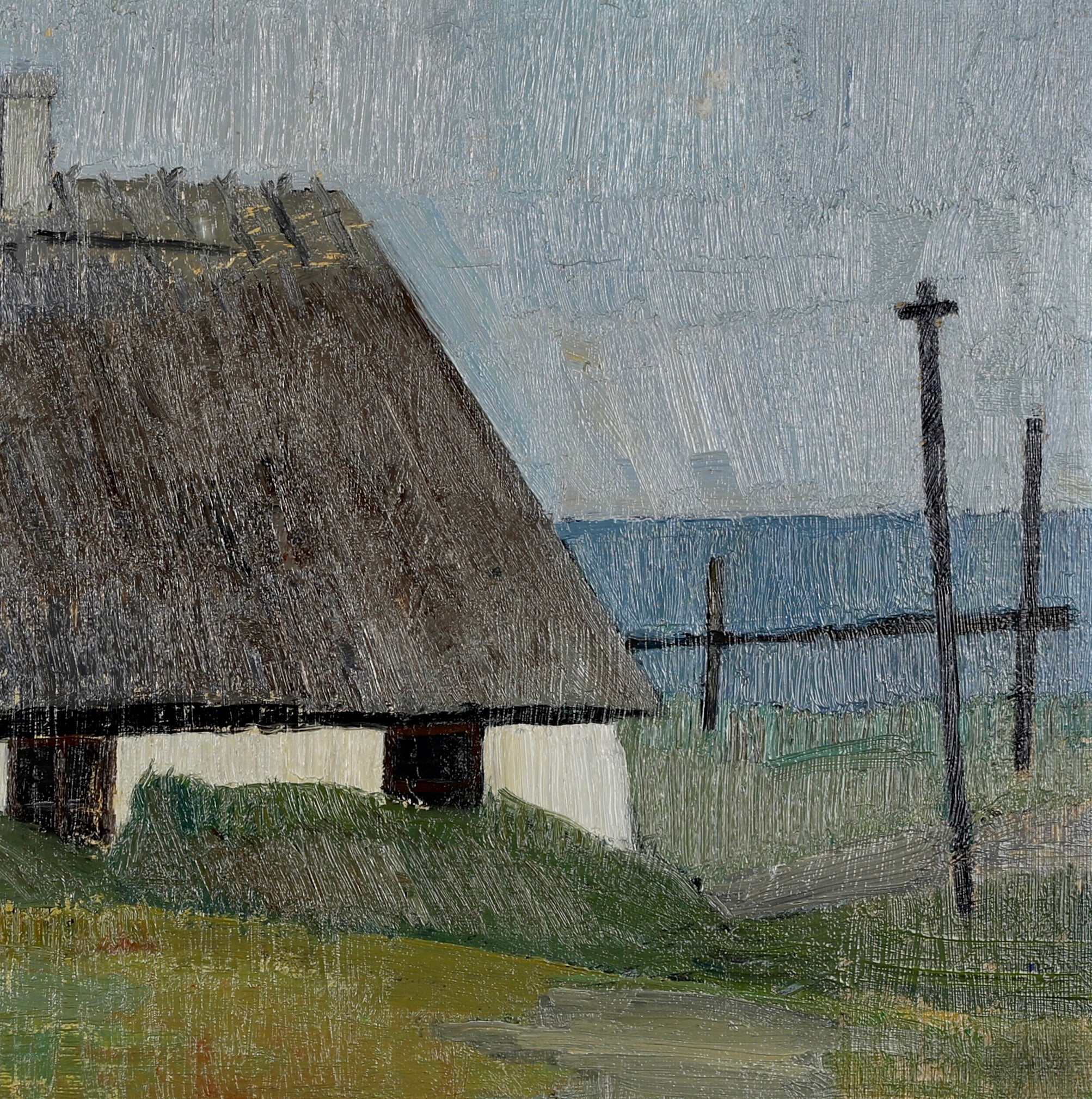 Vintage Mid Century Coastal Oil Painting of Seaside House From Sweden