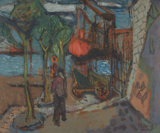 Mid Century Harbor Oil Painting from Sweden By J Bören