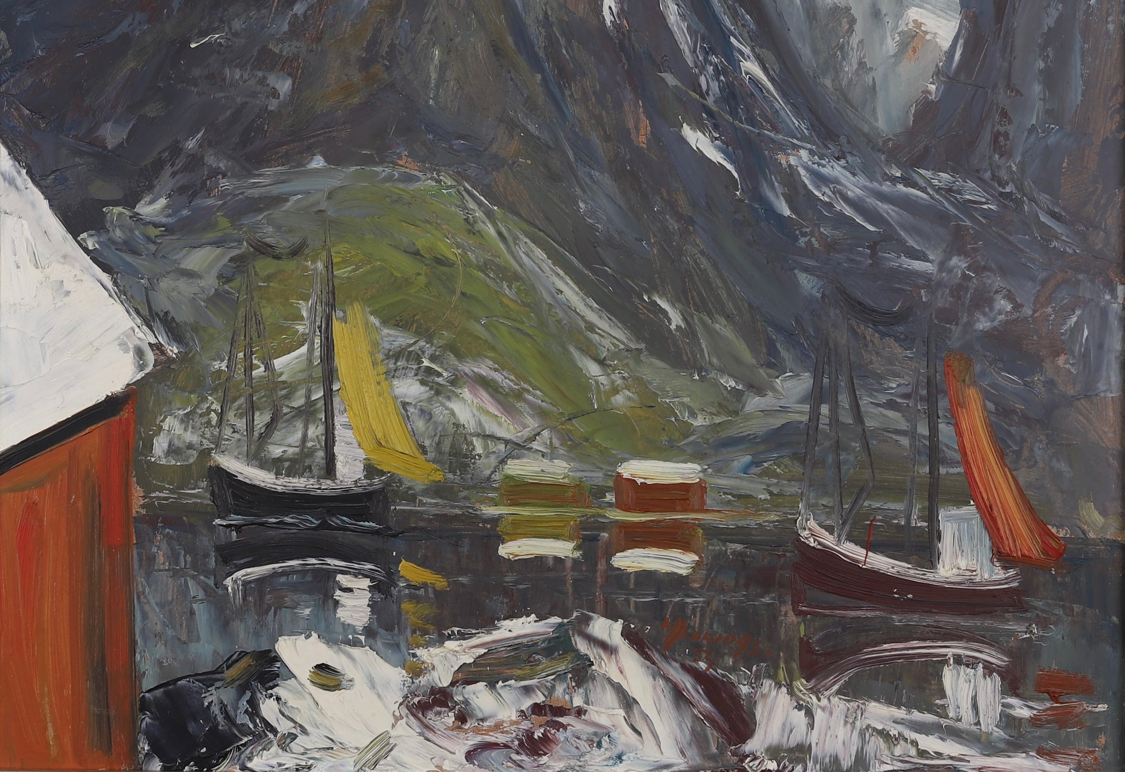 Mid Century Original Fjord Oil Painting From Sweden