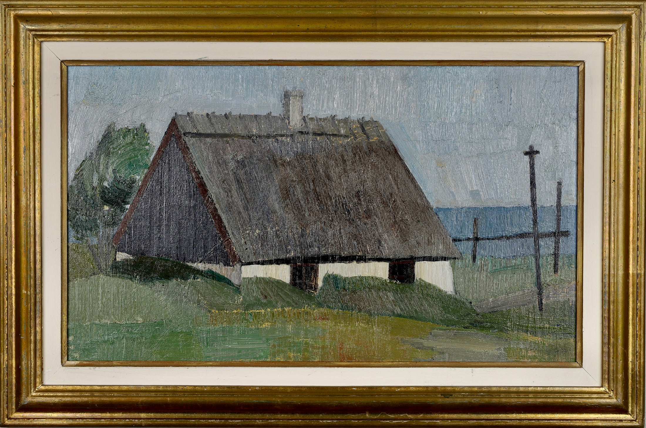 Vintage Mid Century Coastal Oil Painting of Seaside House From Sweden