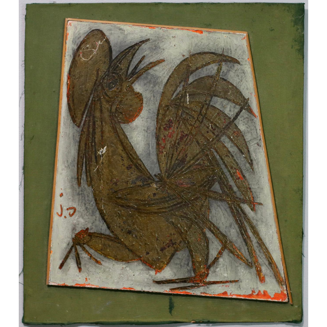 Mid Century Art Oil Painting of Rooster From Sweden