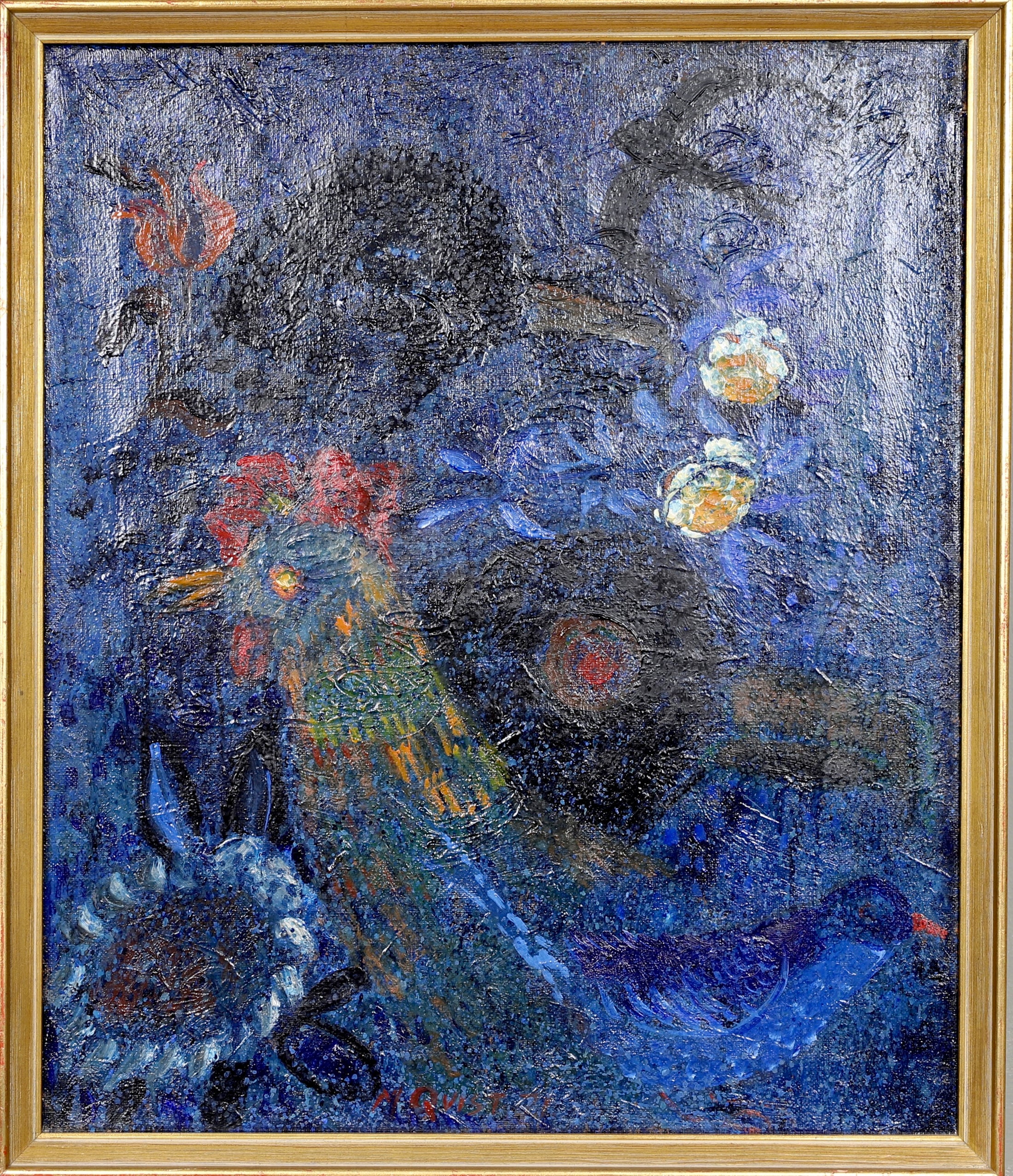 Mid Century Chicken Oil Painting From Sweden