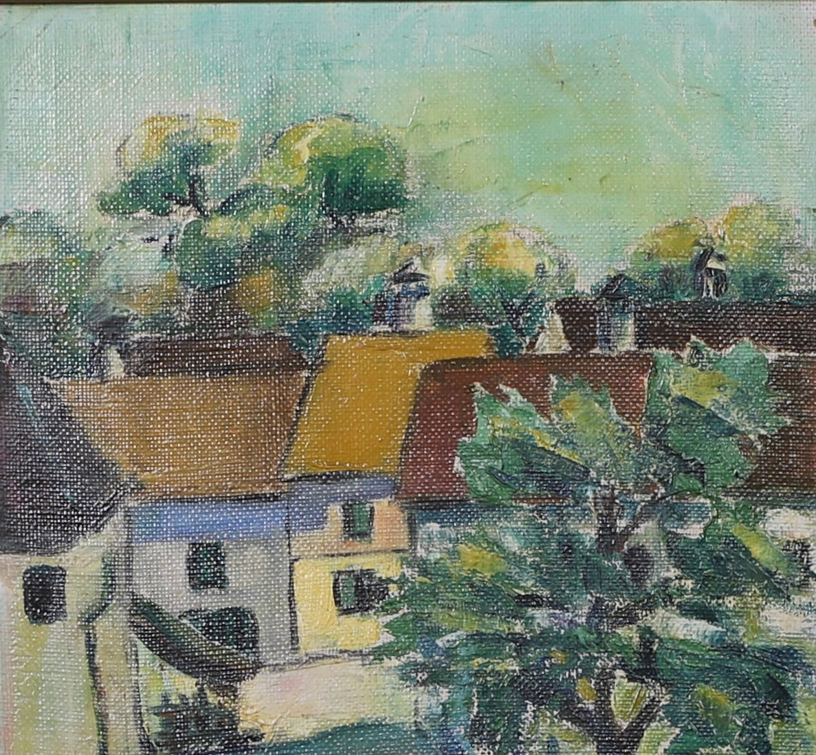 Vintage Village Oil Painting Dated 1934 from Sweden