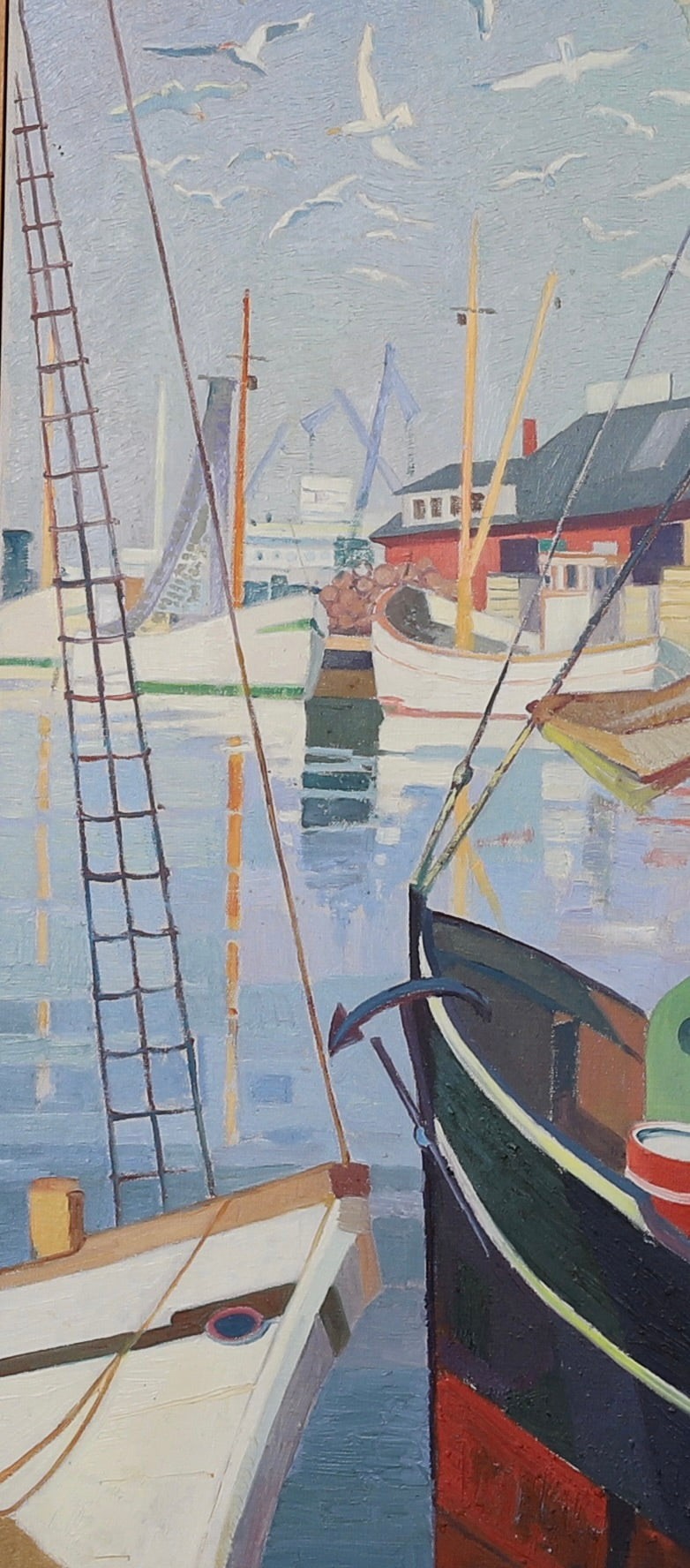 Mid Century Harbor Oil Painting From Sweden 1959