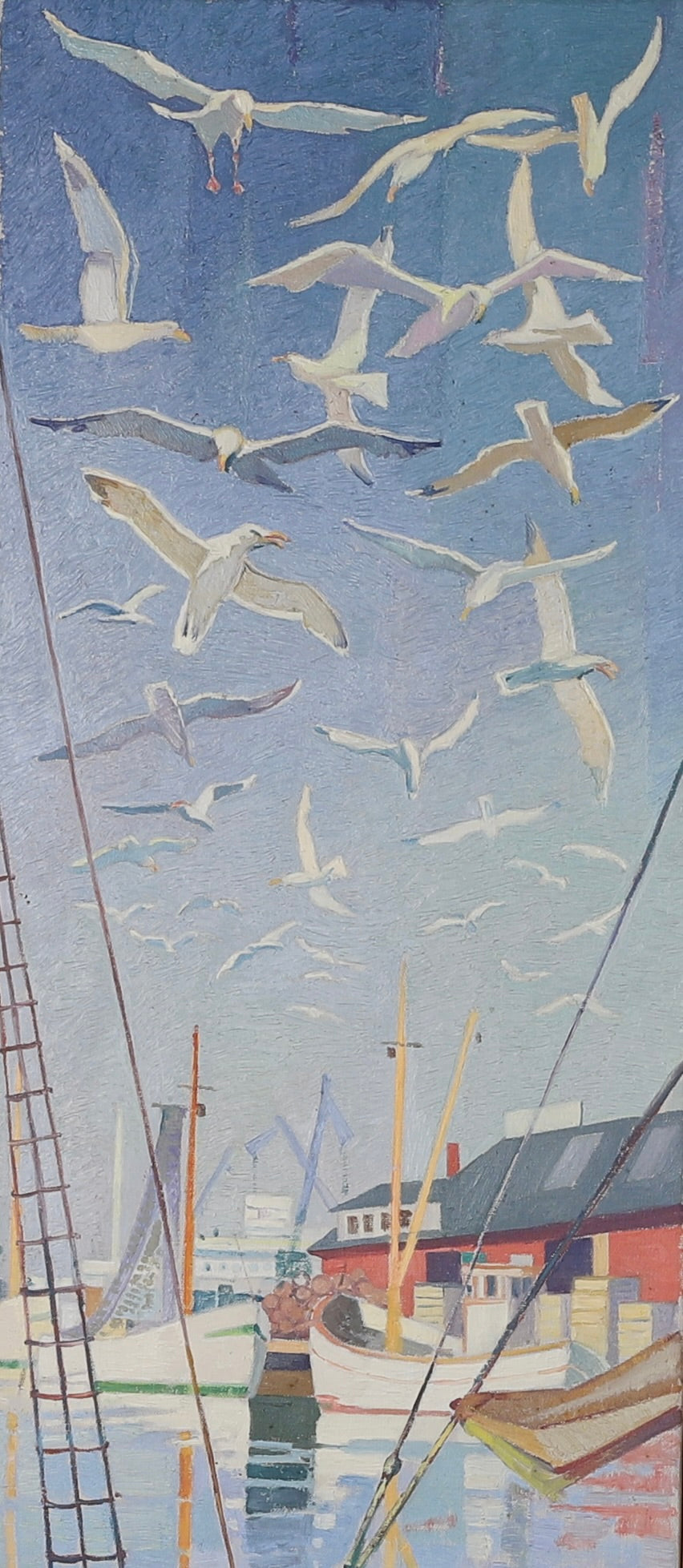 Mid Century Harbor Oil Painting From Sweden 1959