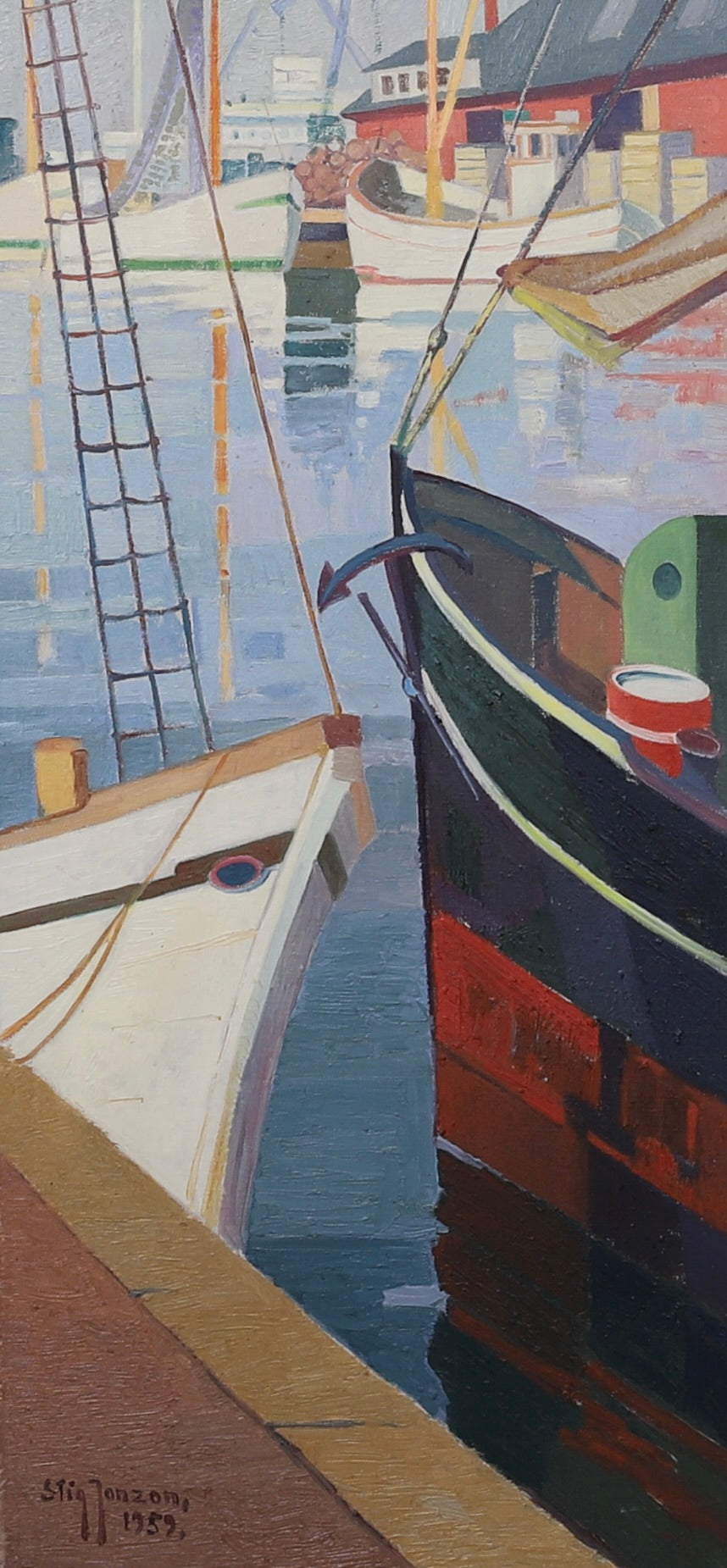Mid Century Harbor Oil Painting From Sweden 1959