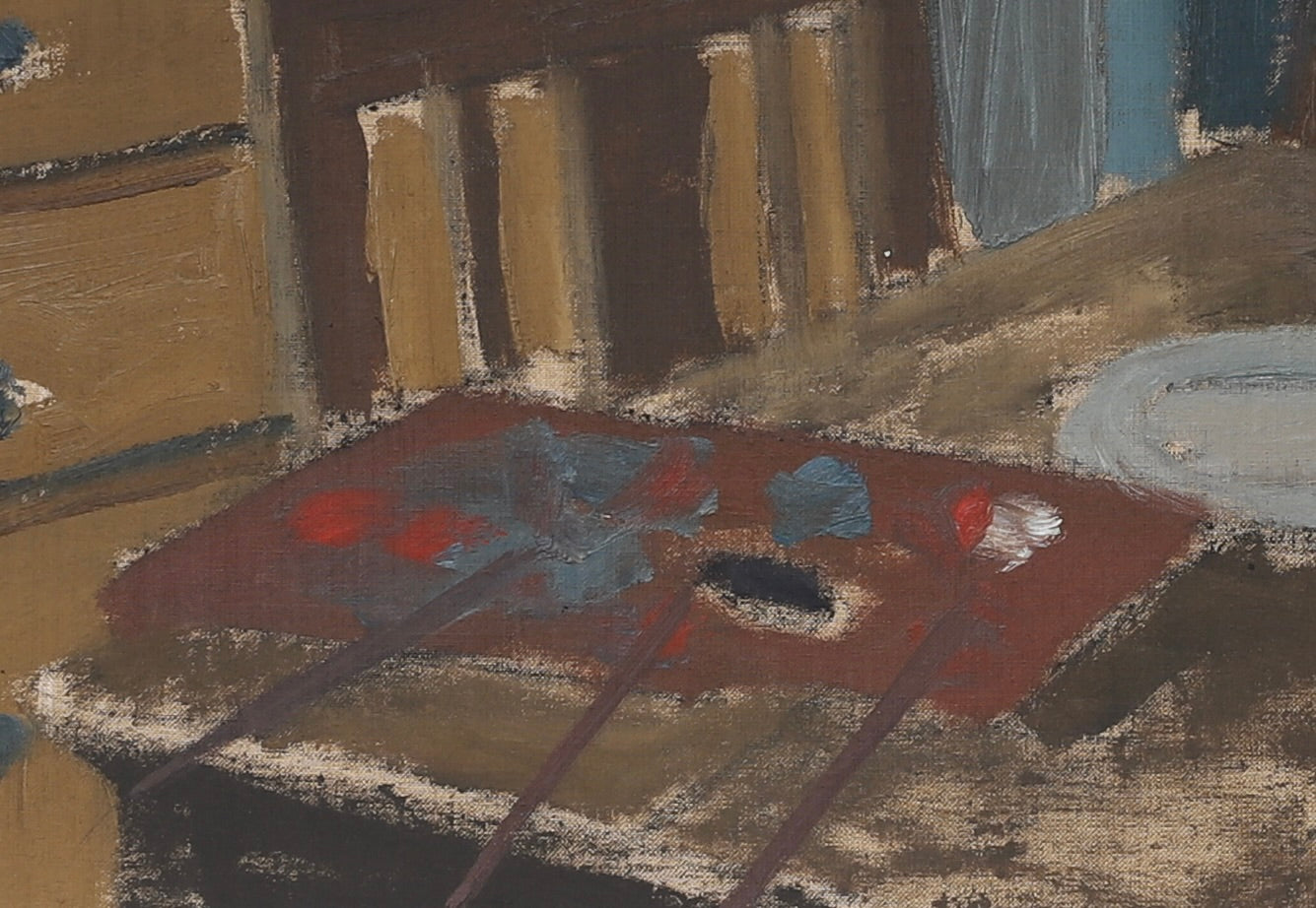 Mid Century Artist Studio Interior Oil Painting From Sweden