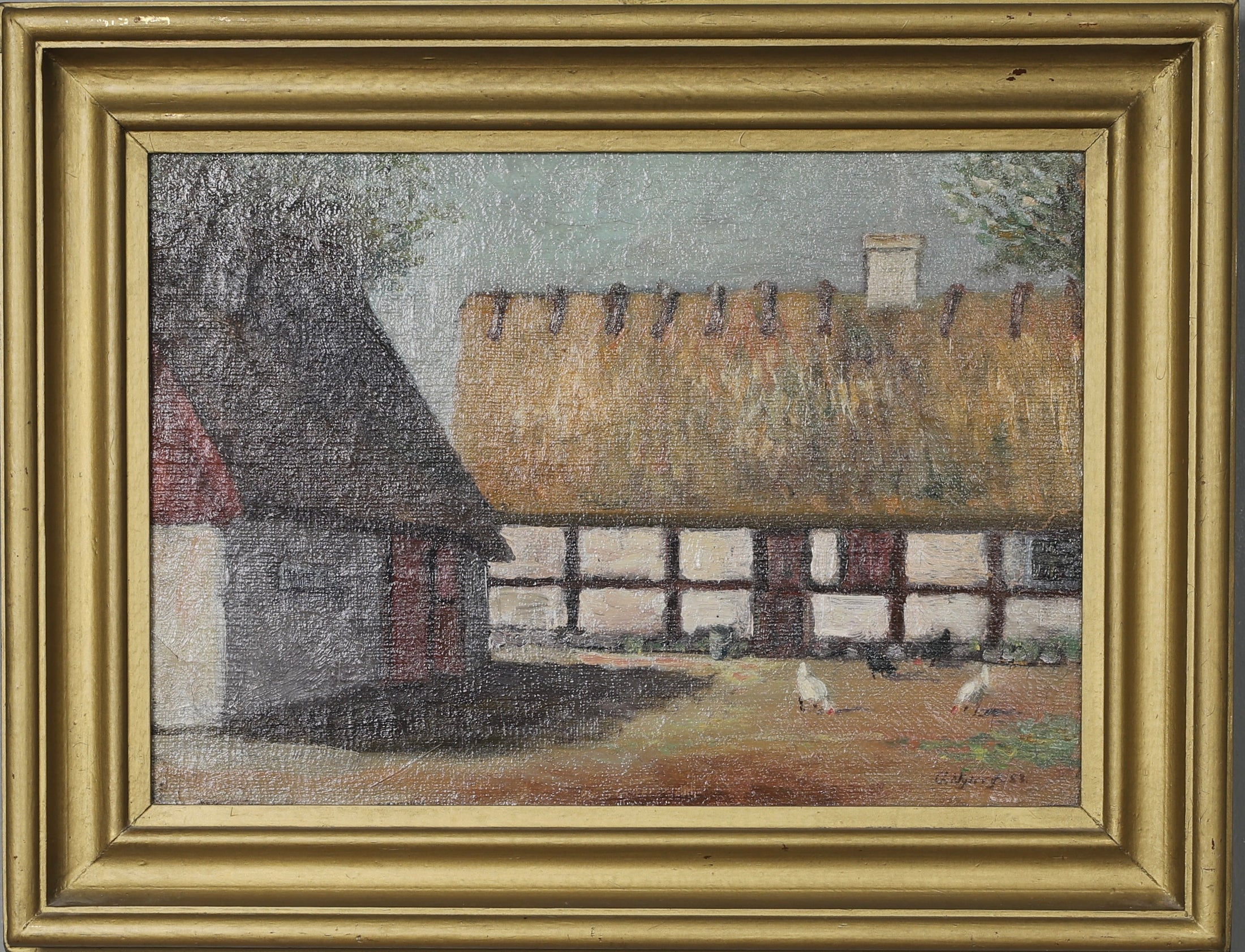 Farmhouse Oil Painting with Chickens From Sweden