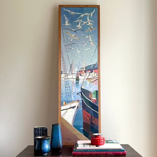 Mid Century Harbor Oil Painting From Sweden 1959