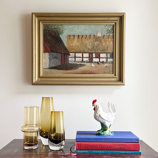 Farmhouse Oil Painting with Chickens From Sweden