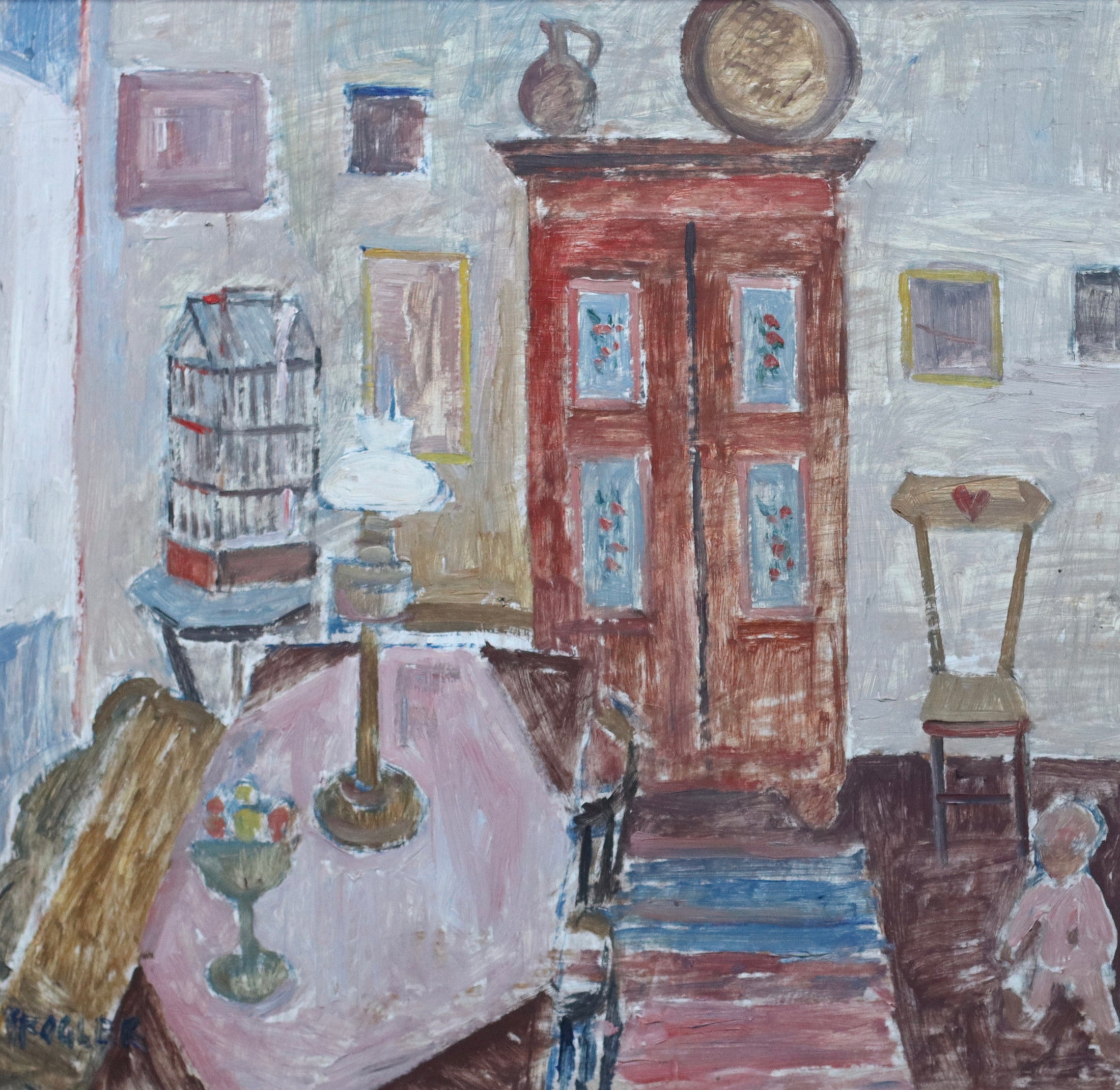 Vintage Interior Oil Painting by Göta Fogler From Sweden