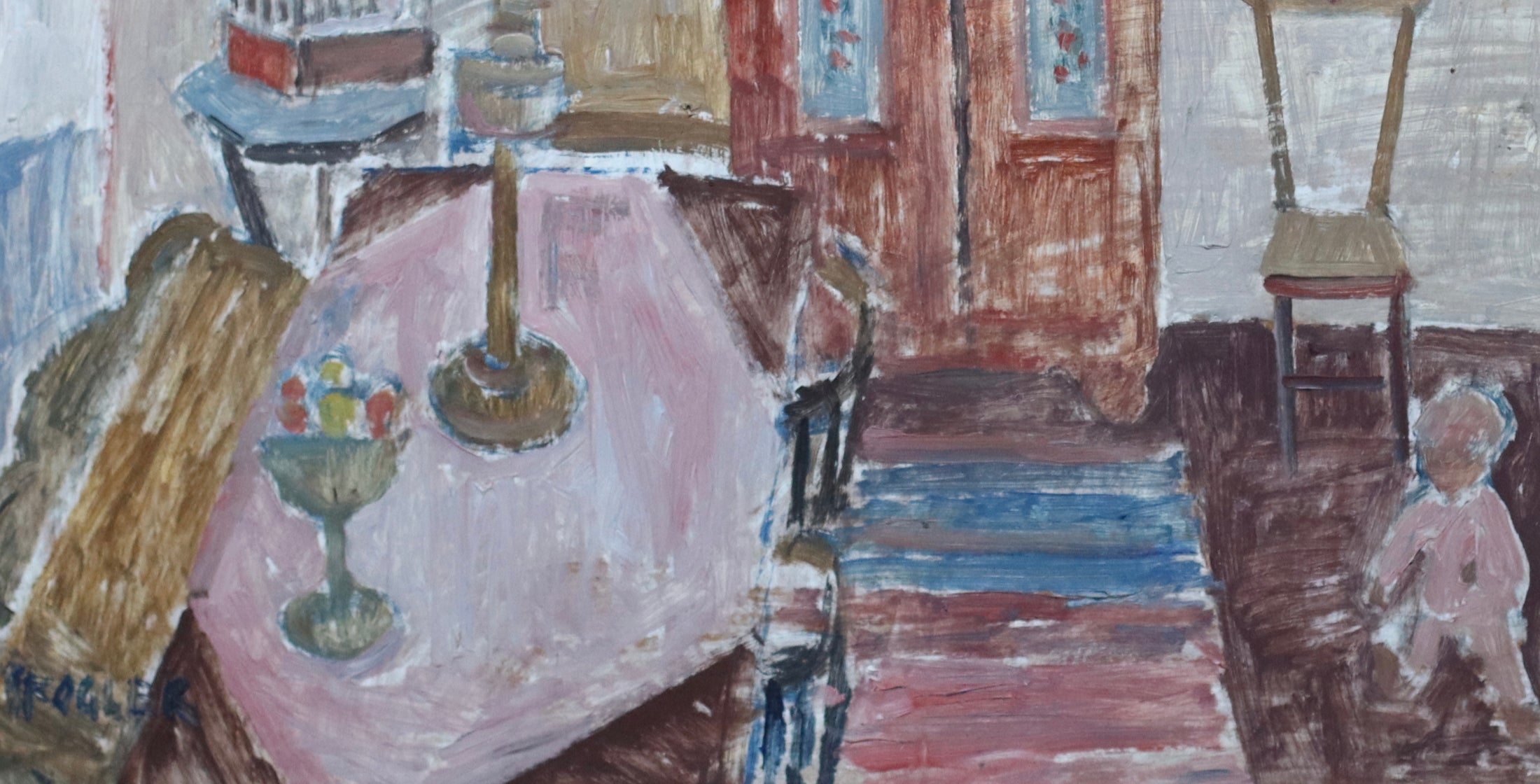 Vintage Interior Oil Painting by Göta Fogler From Sweden