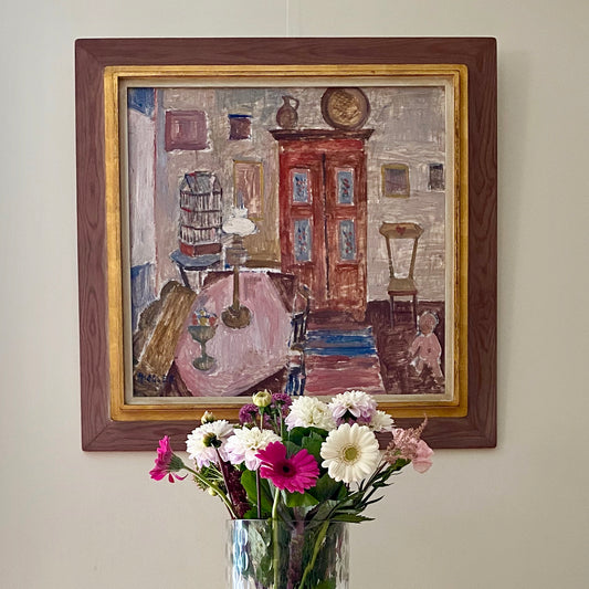 Vintage Interior Oil Painting by Göta Fogler From Sweden