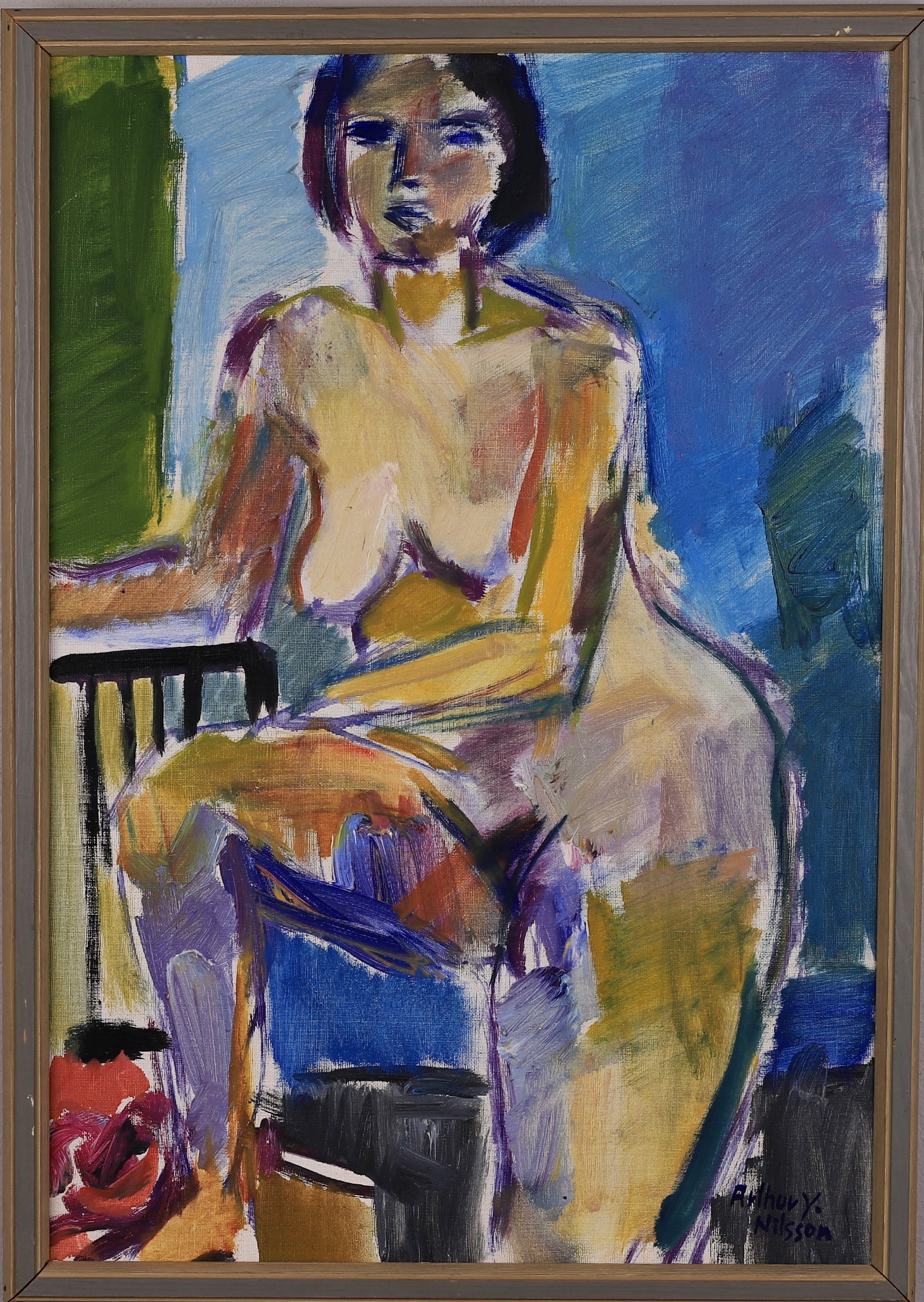 Mid Century Original Figure Oil Painting by Arthur Y Nilsson Sweden