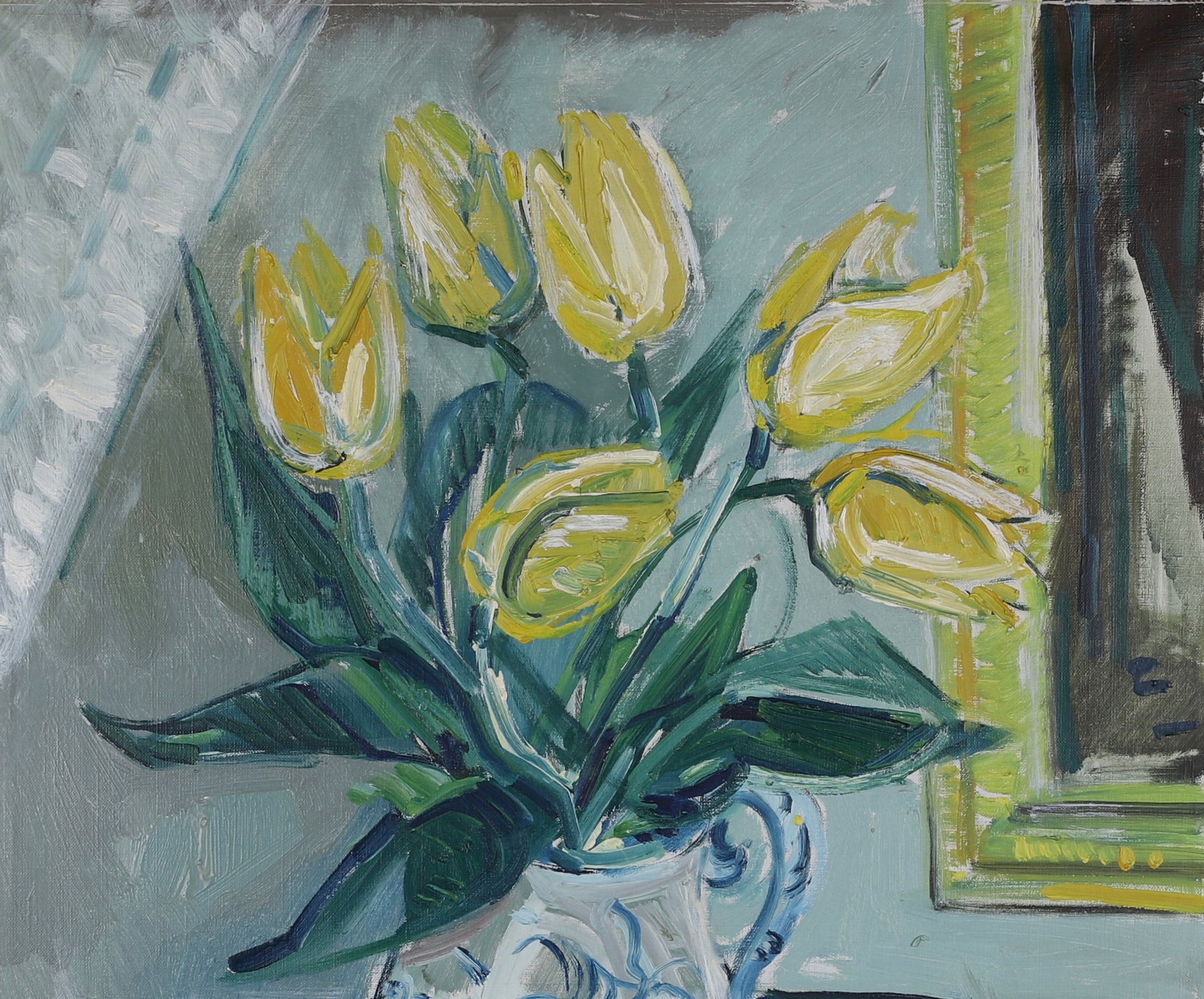 Mid Century Original Still Life Oil Painting of Tulips From Sweden