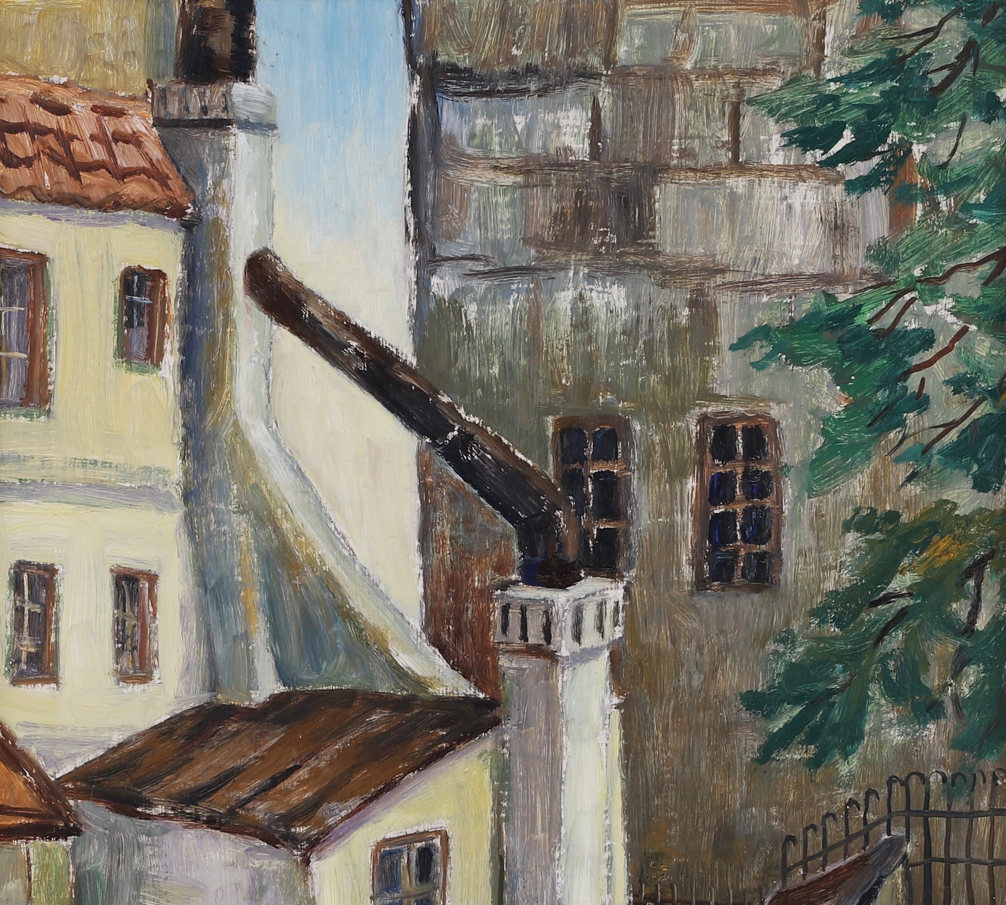 Vintage Cityscape Oil Painting Dated 1954 from Sweden