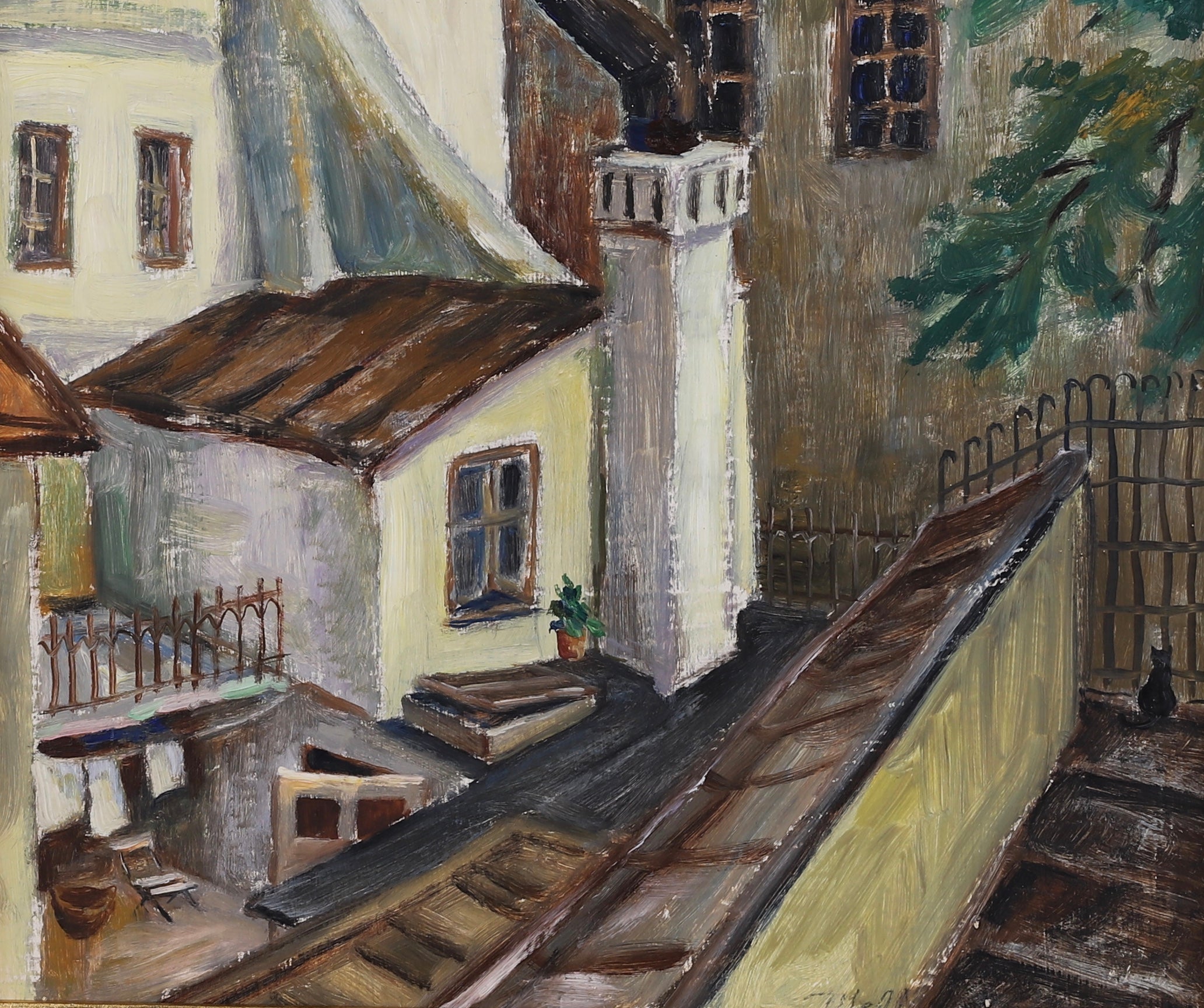 Vintage Cityscape Oil Painting Dated 1954 from Sweden